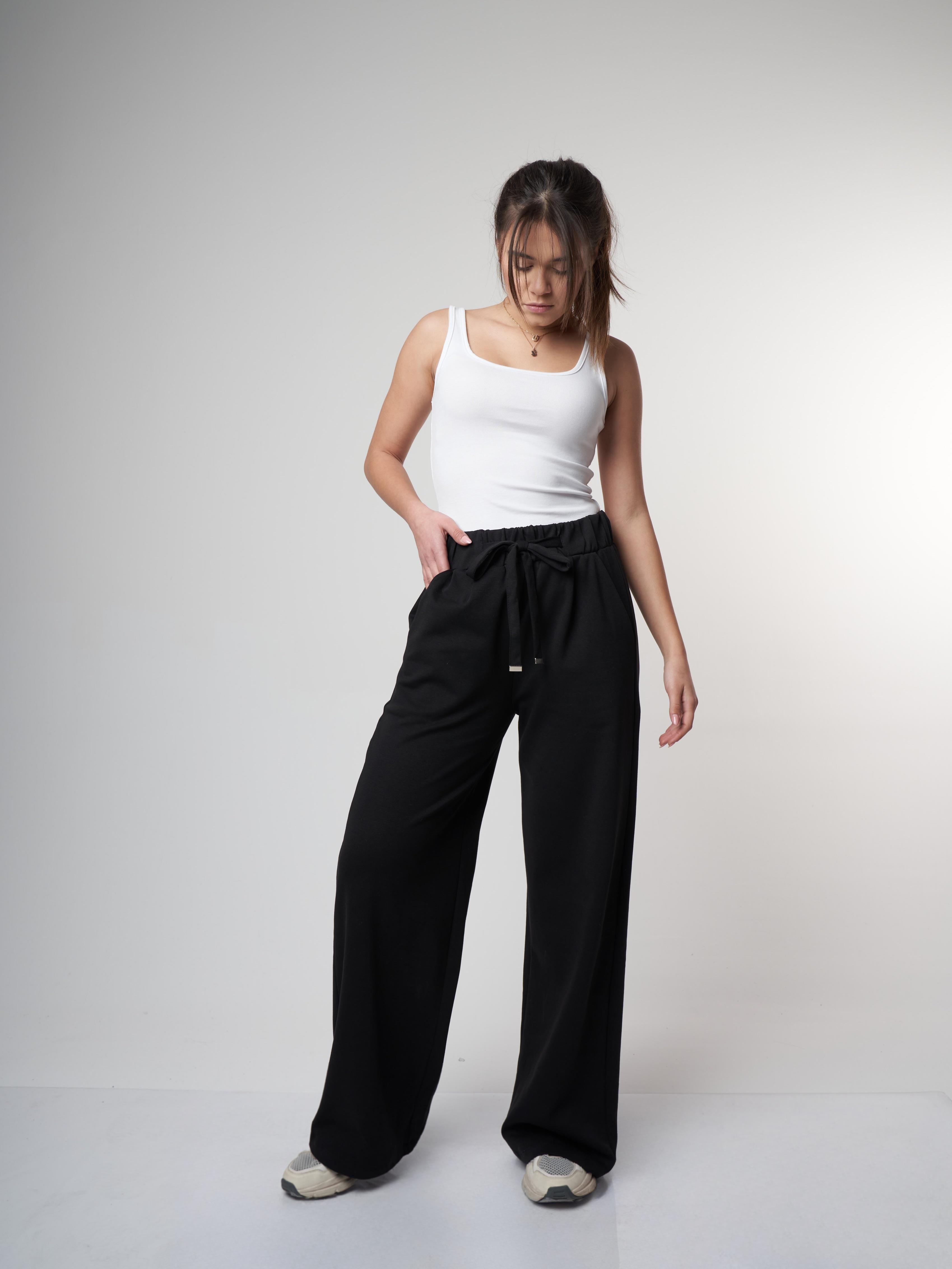 Kuşak Bağlama Bol Paça İnterlok Pantolon Siyah