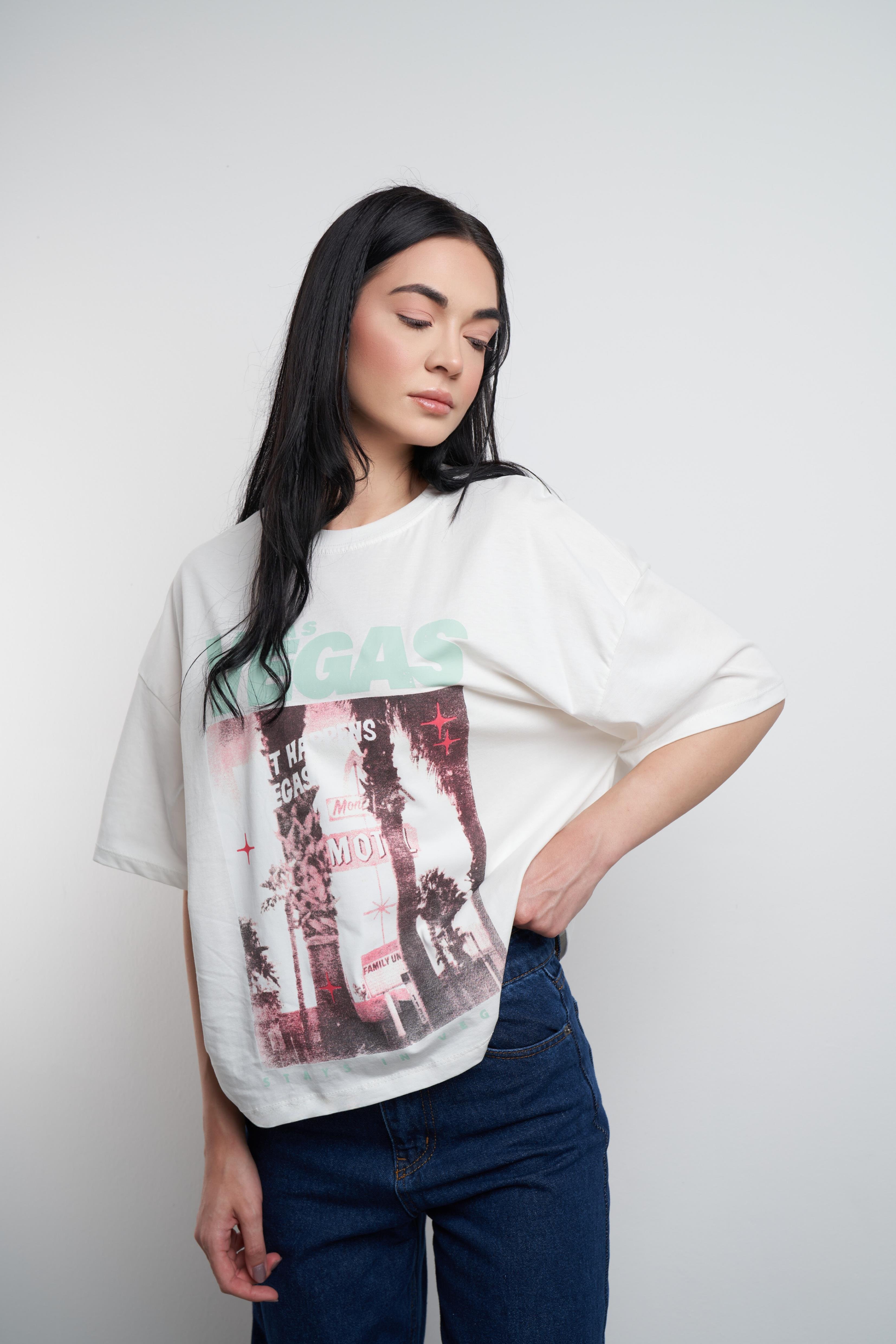 Las Vegas Baskılı Kısa Kol T-shirt Ekru