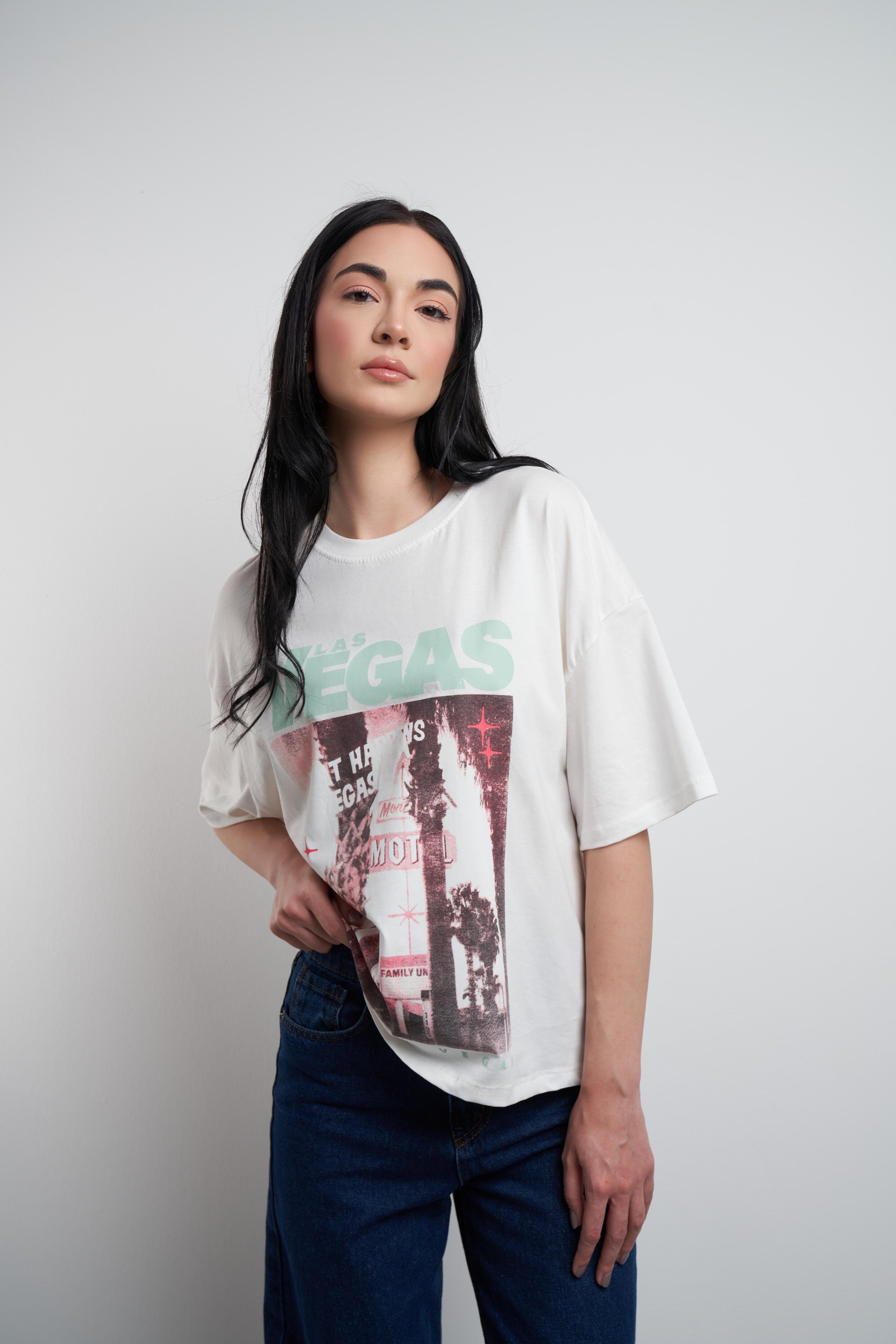 Las Vegas Baskılı Kısa Kol T-shirt Ekru