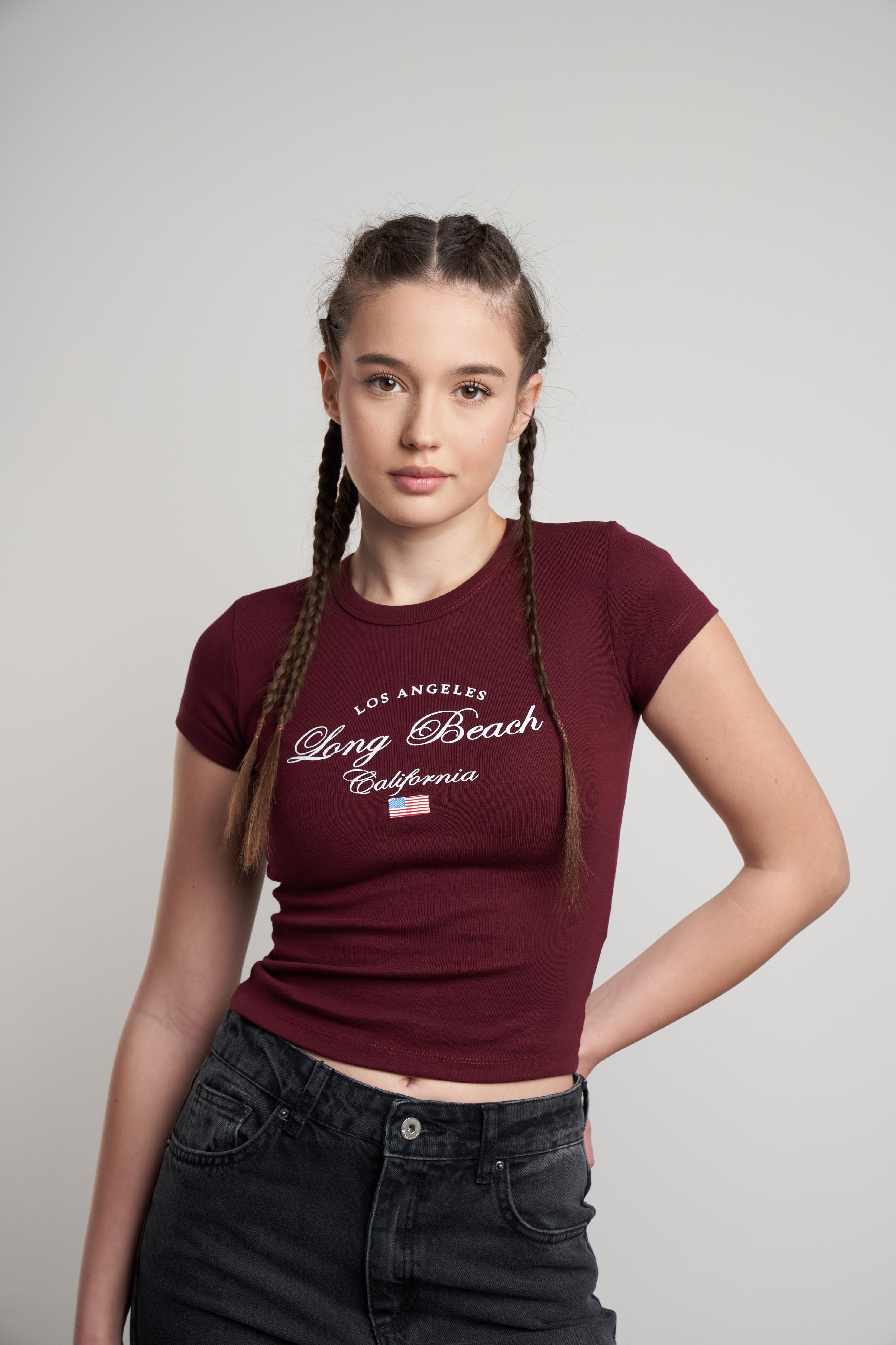 Long Beach Baskılı Kısa Kol Bluz Bordo