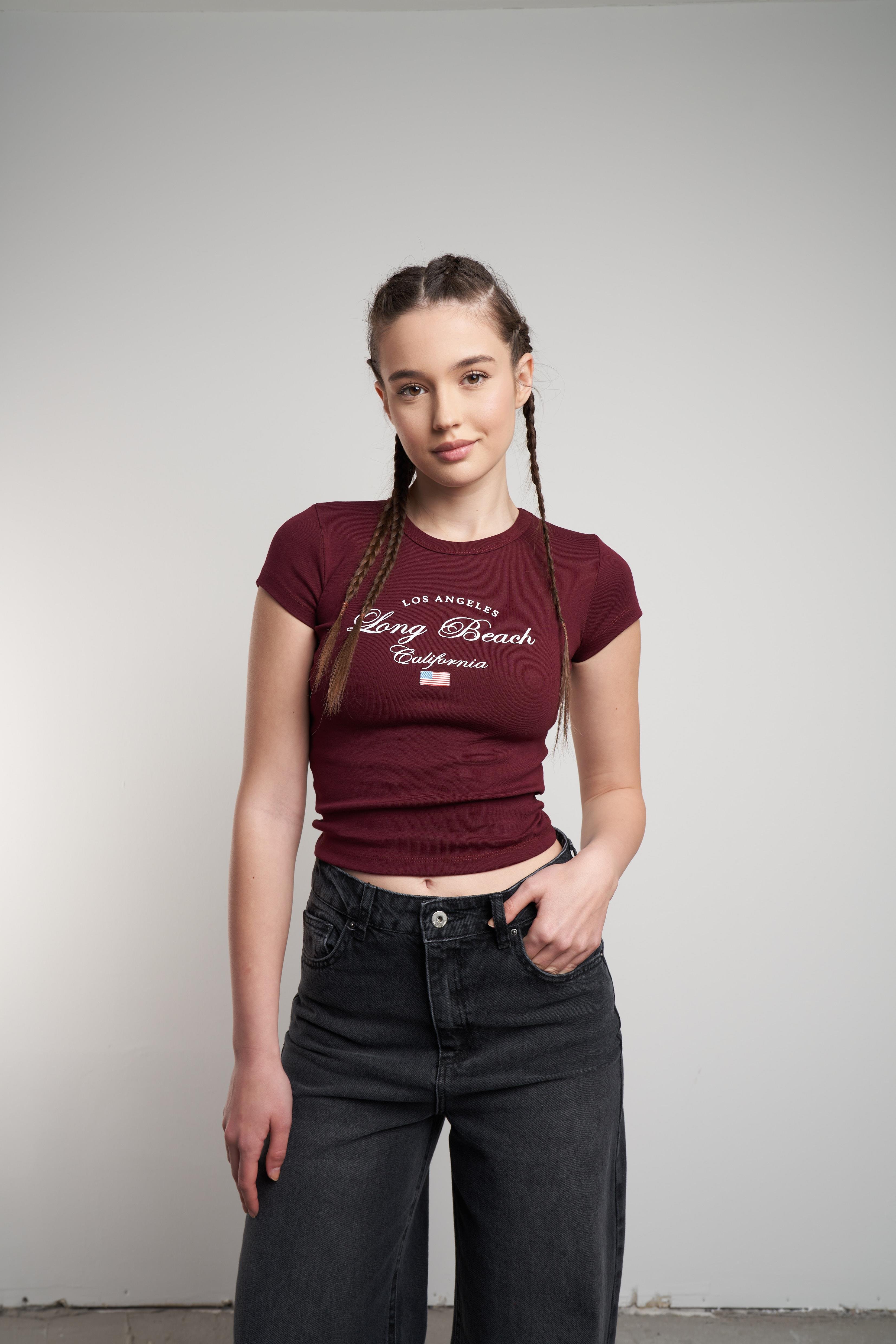 Long Beach Baskılı Kısa Kol Bluz Bordo