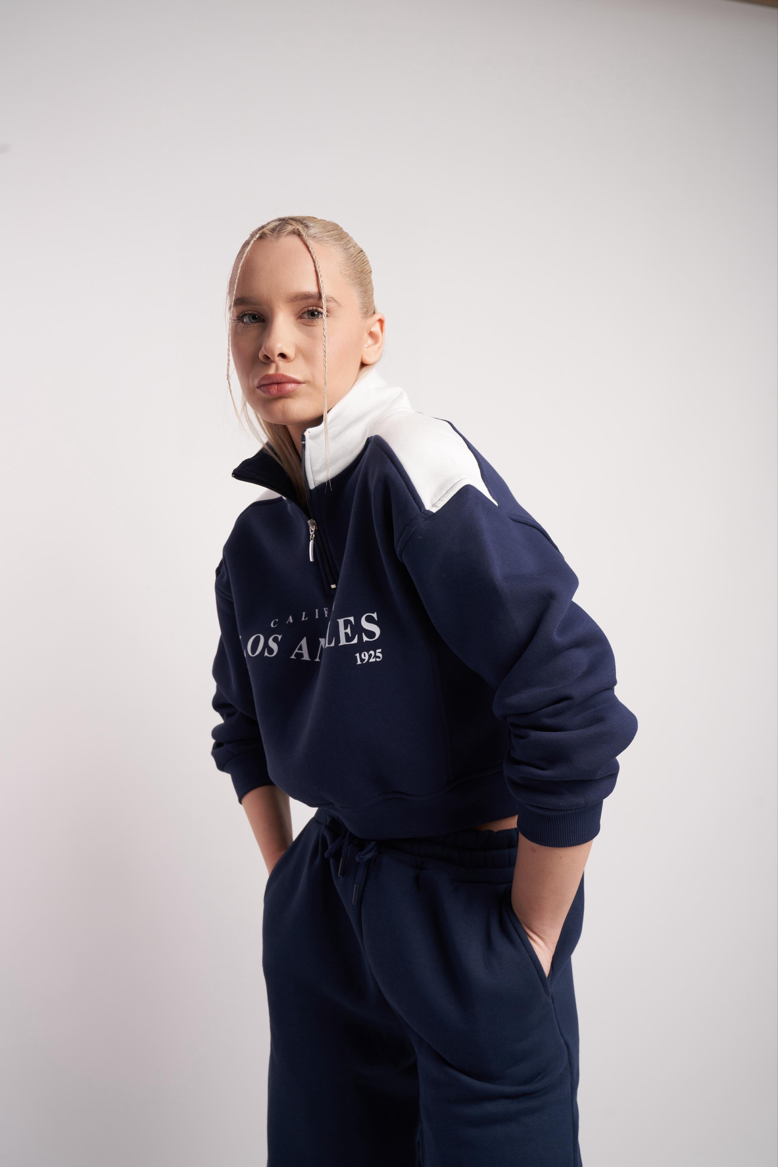 Los Angeles Baskılı Kısa Sweatshirt Lacivert