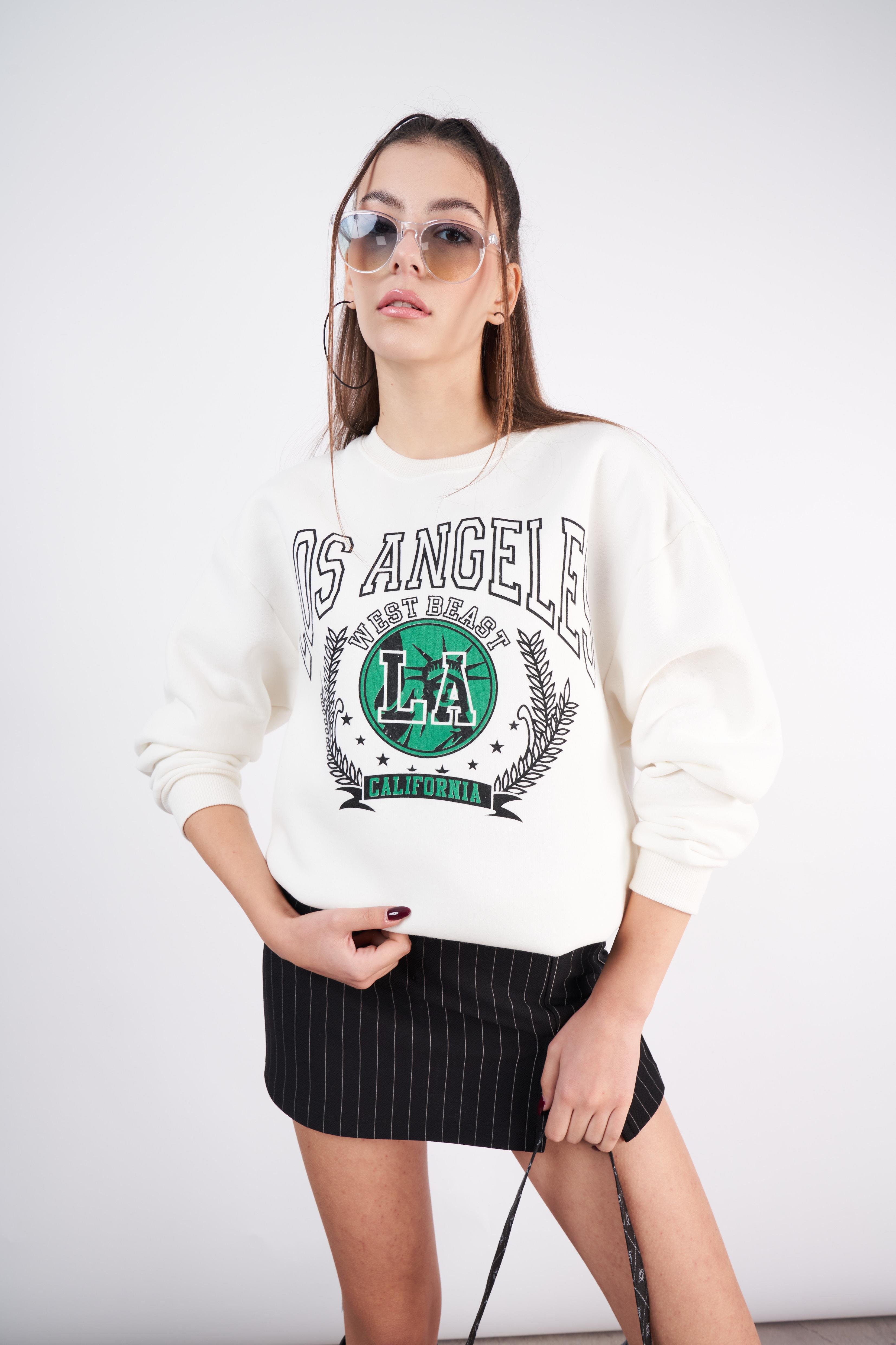 Los Angeles Baskılı Oversize Sweatshirt Ekru