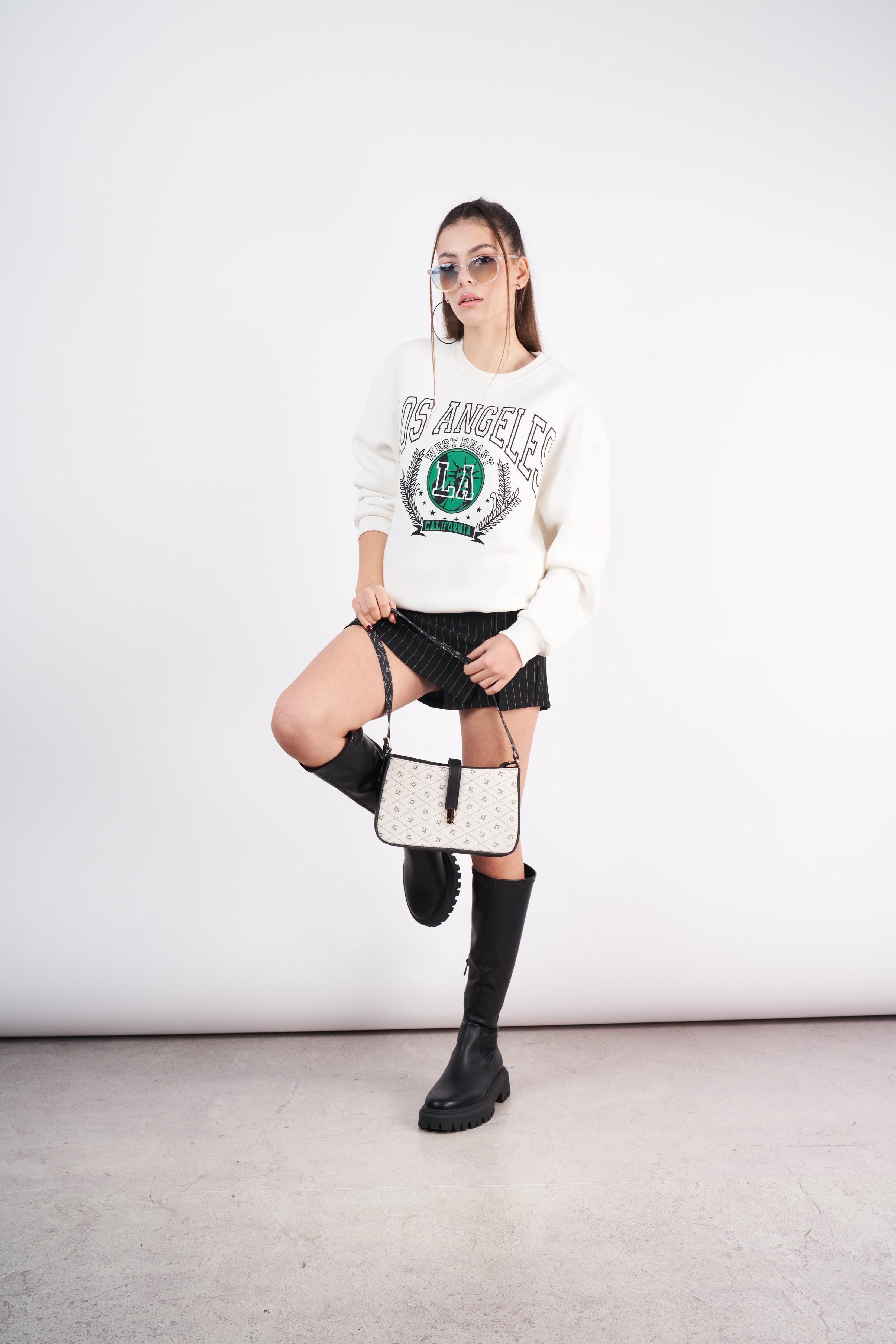 Los Angeles Baskılı Oversize Sweatshirt Ekru
