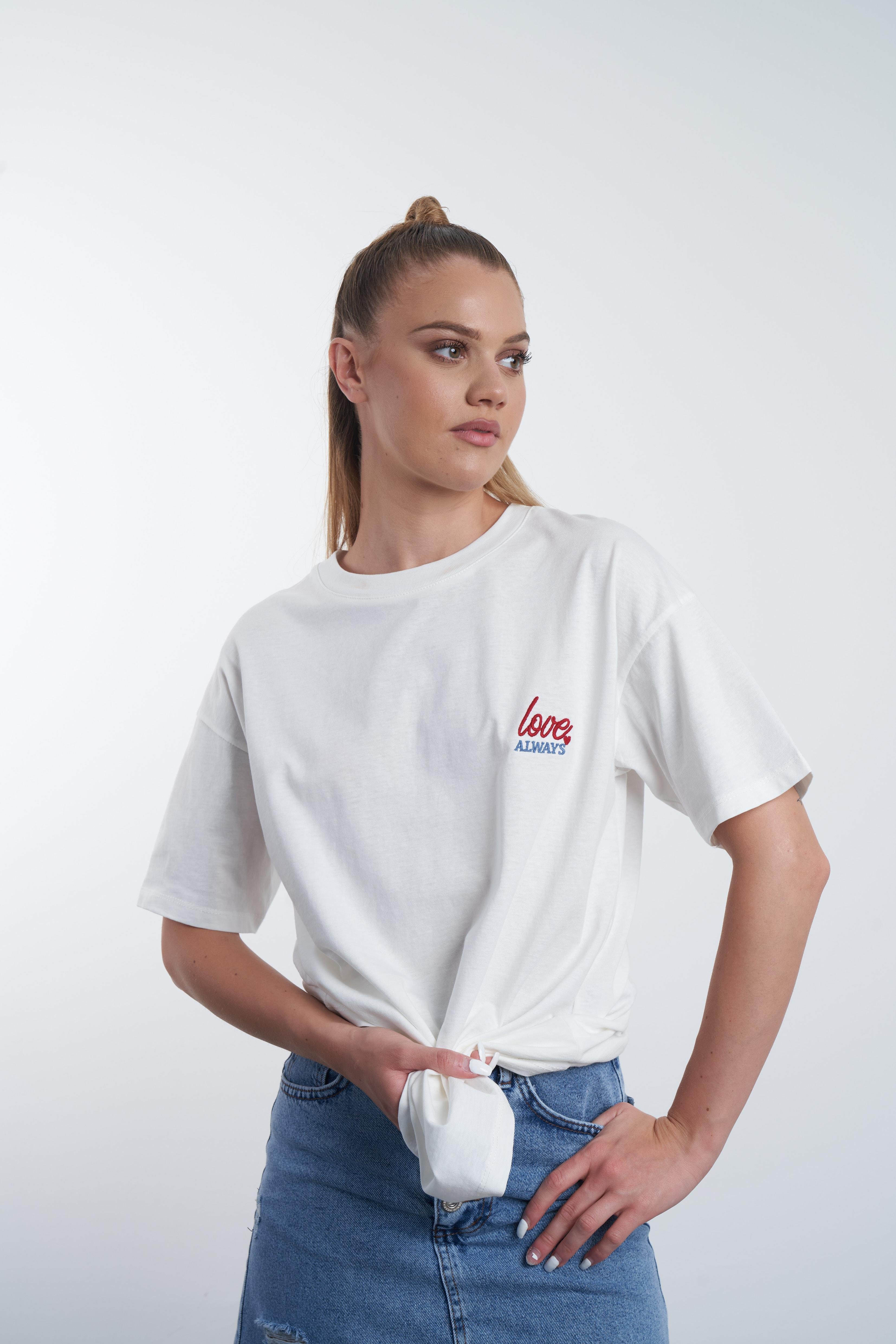 Love Always Nakış Baskılı T-shirt Ekru