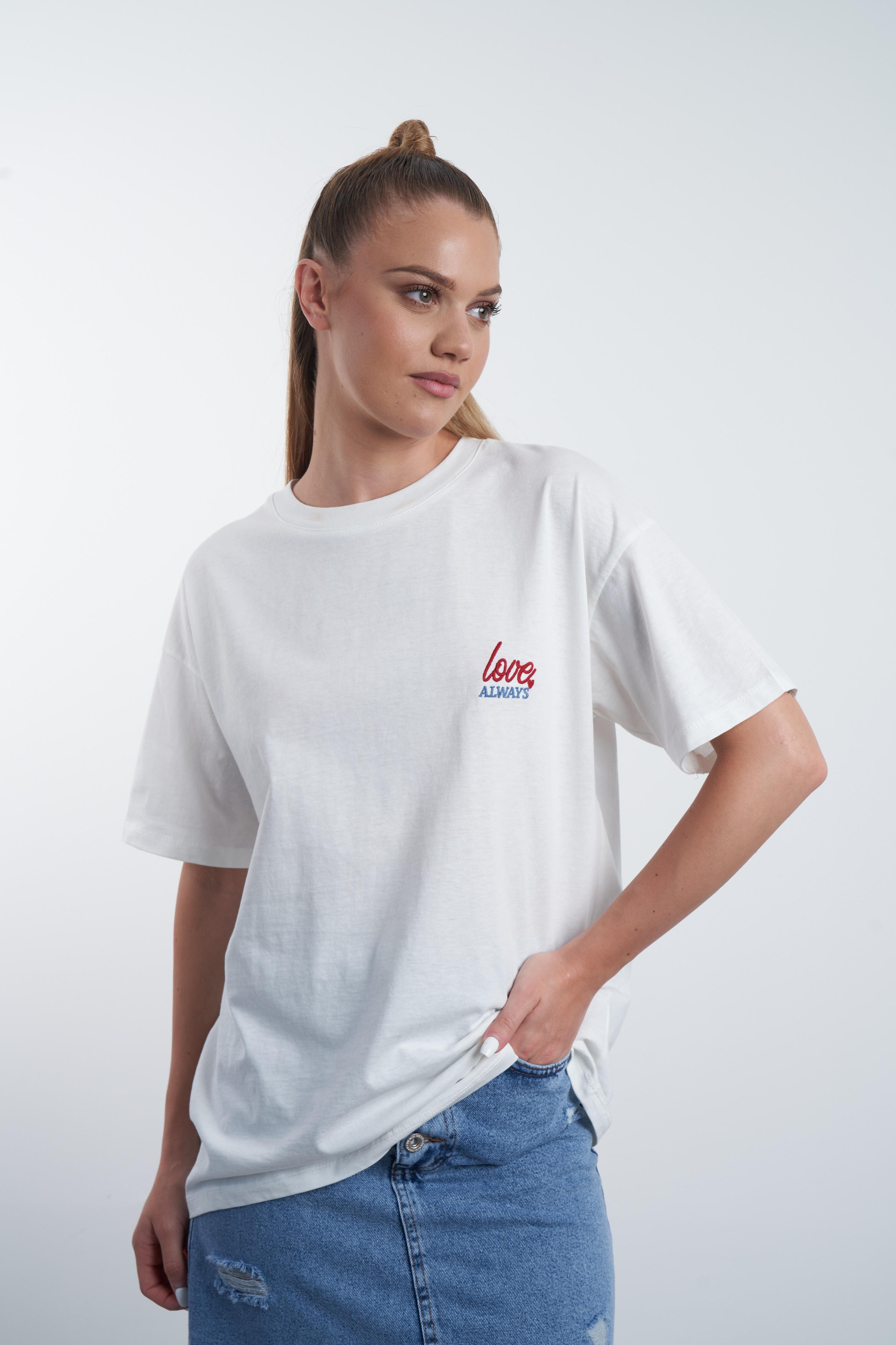 Love Always Nakış Baskılı T-shirt Ekru