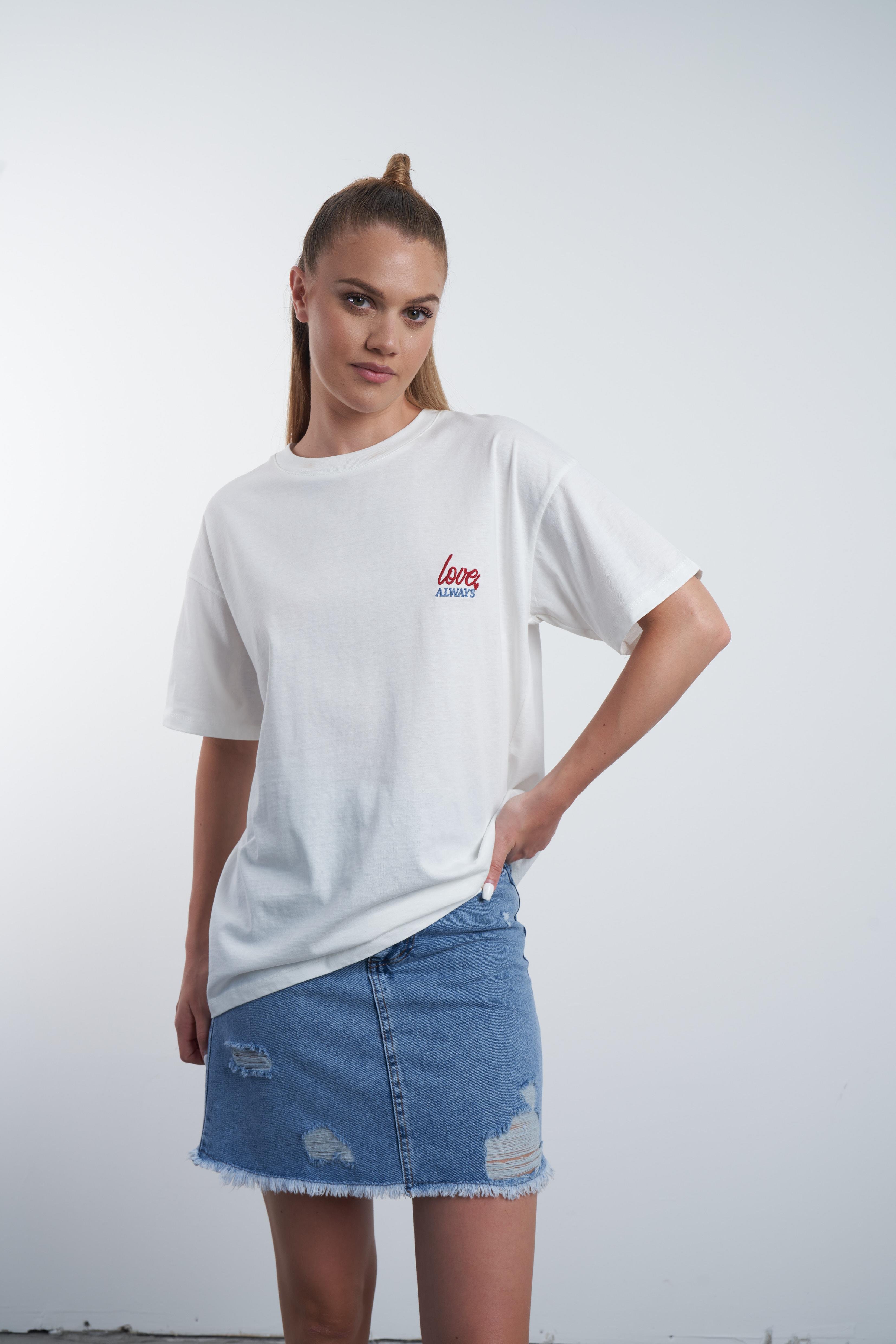 Love Always Nakış Baskılı T-shirt Ekru