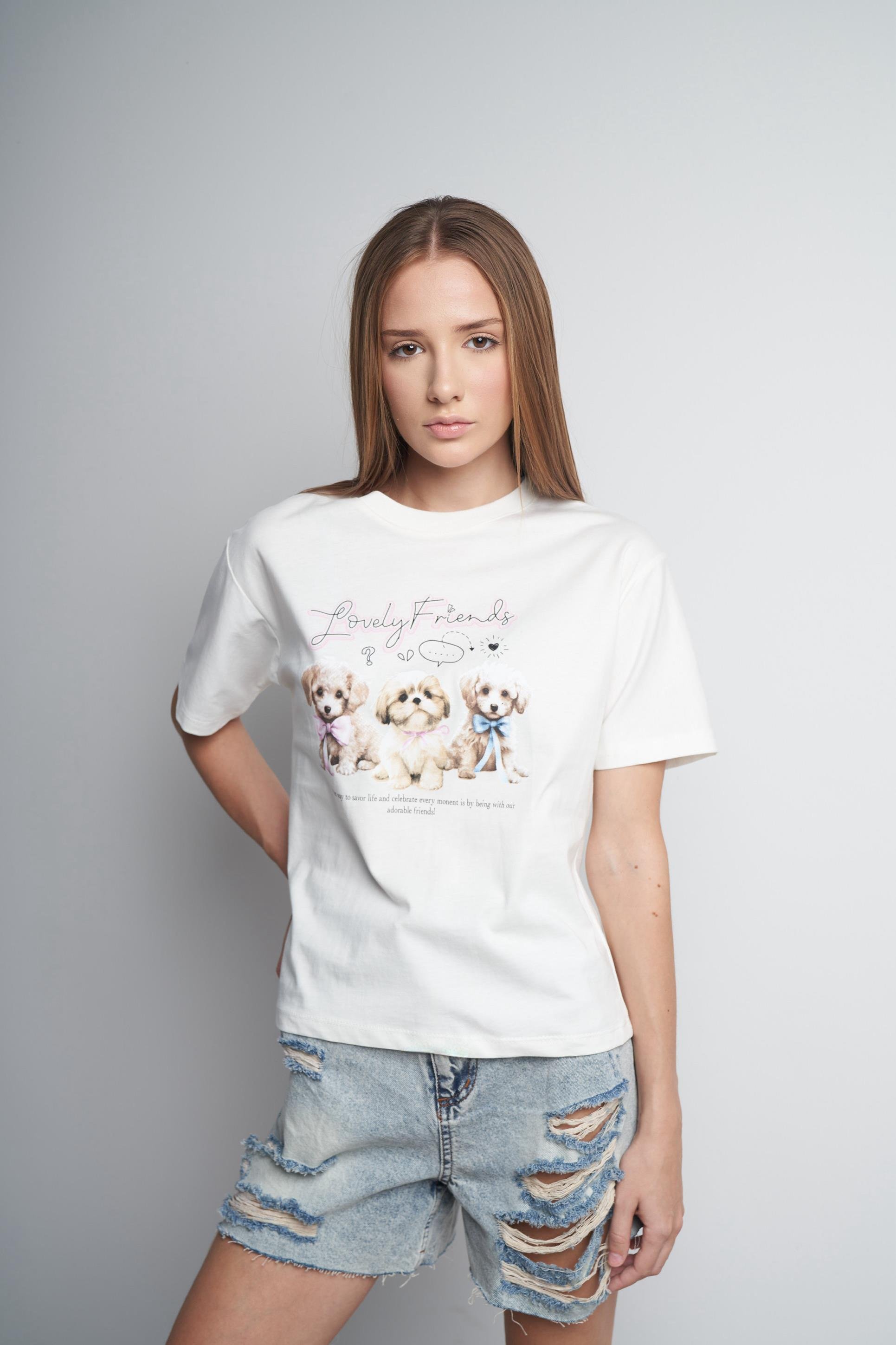 Lovely Friends Baskılı Kısa Kol T-shirt Ekru