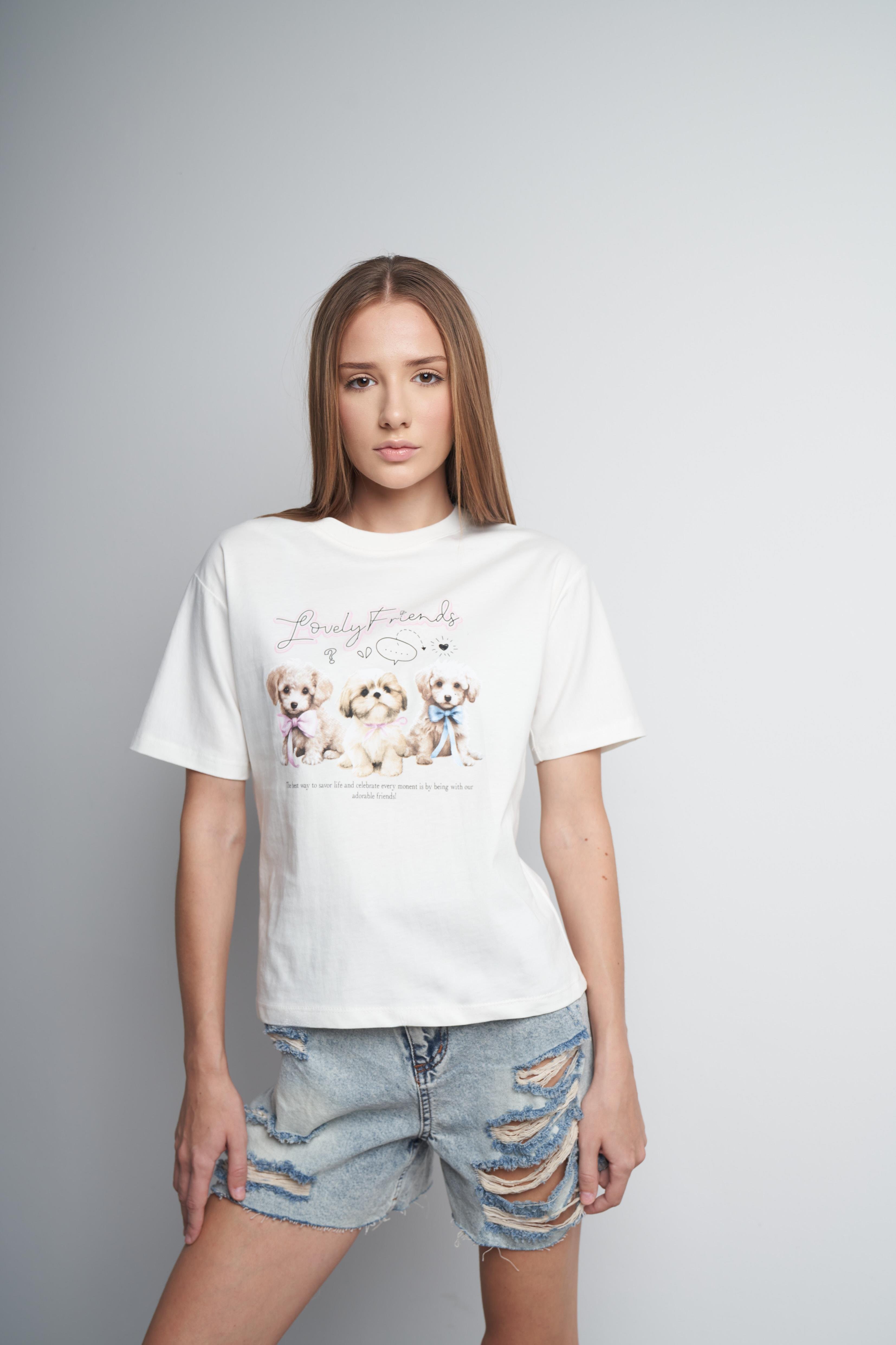 Lovely Friends Baskılı Kısa Kol T-shirt Ekru