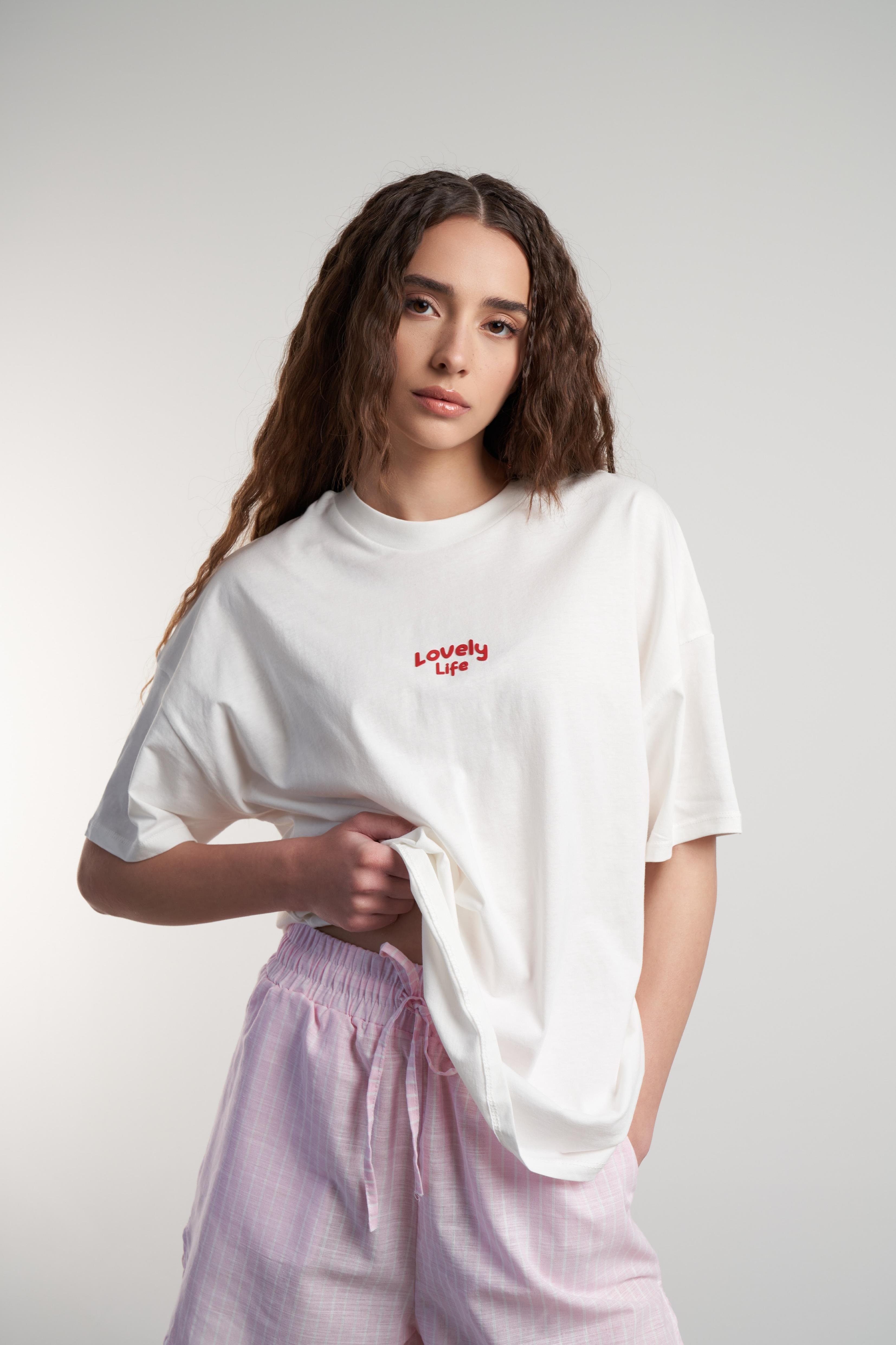 Lovely Life Baskılı Oversize Kısa Kol T-shirt Ekru