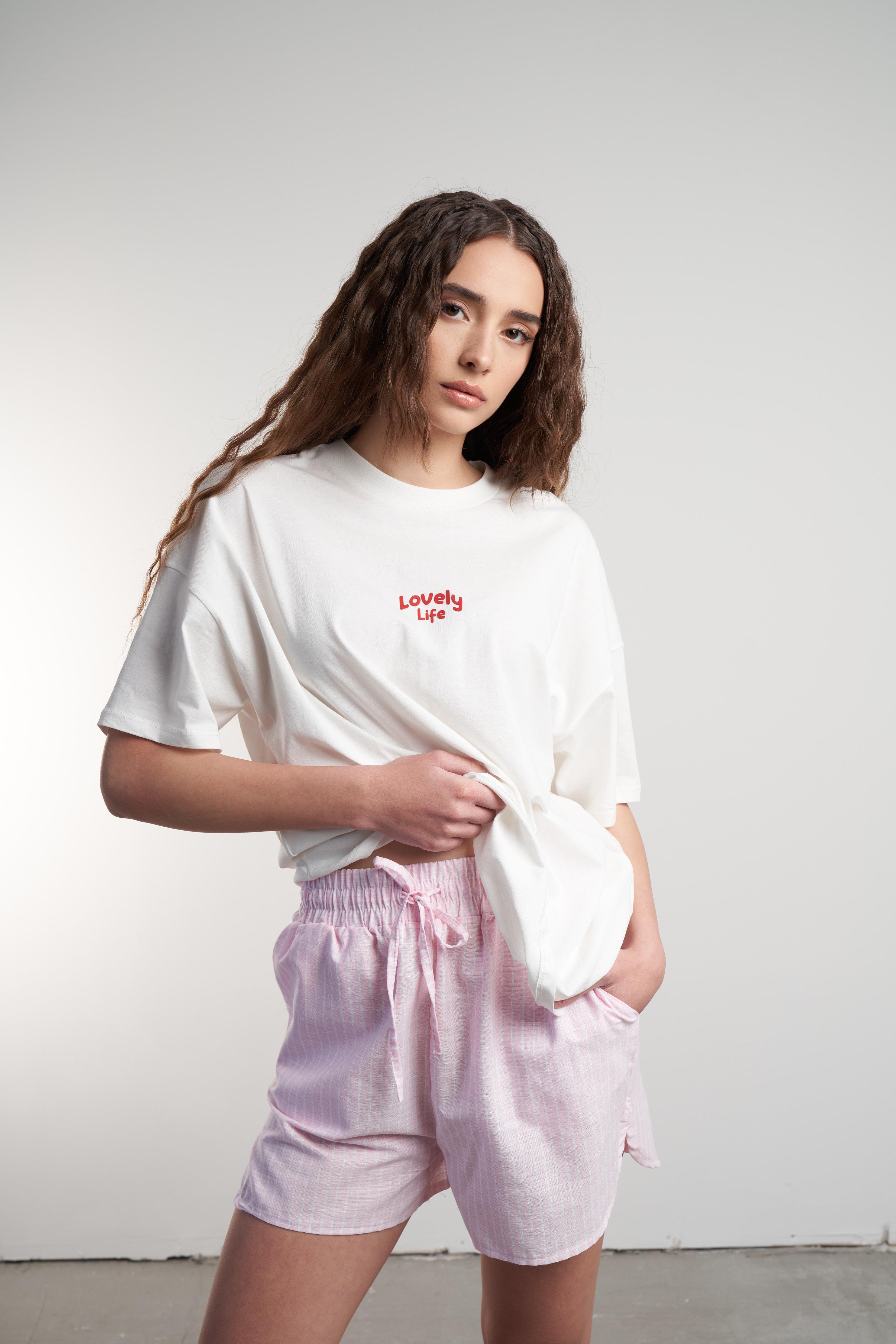 Lovely Life Baskılı Oversize Kısa Kol T-shirt Ekru