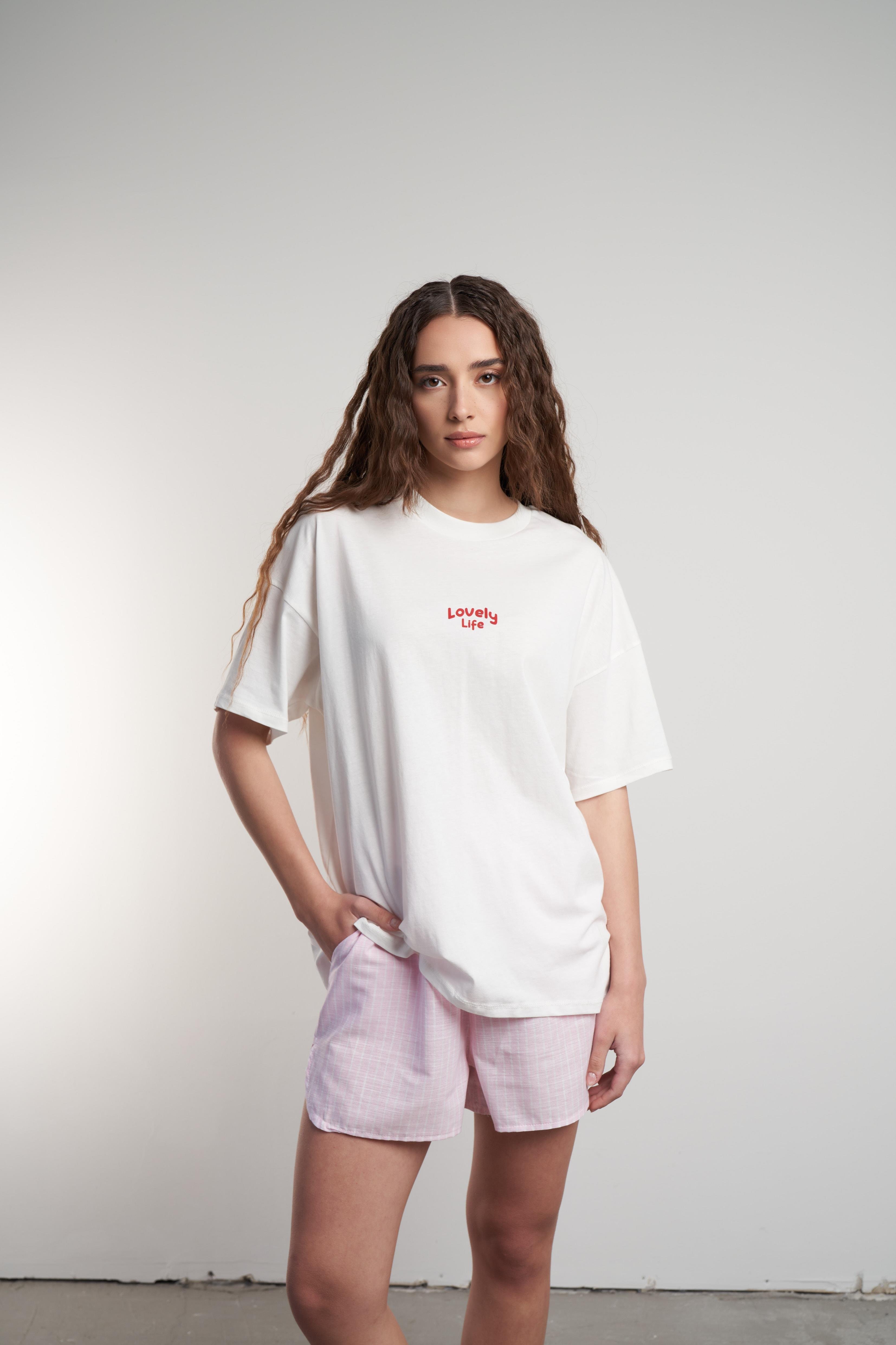Lovely Life Baskılı Oversize Kısa Kol T-shirt Ekru