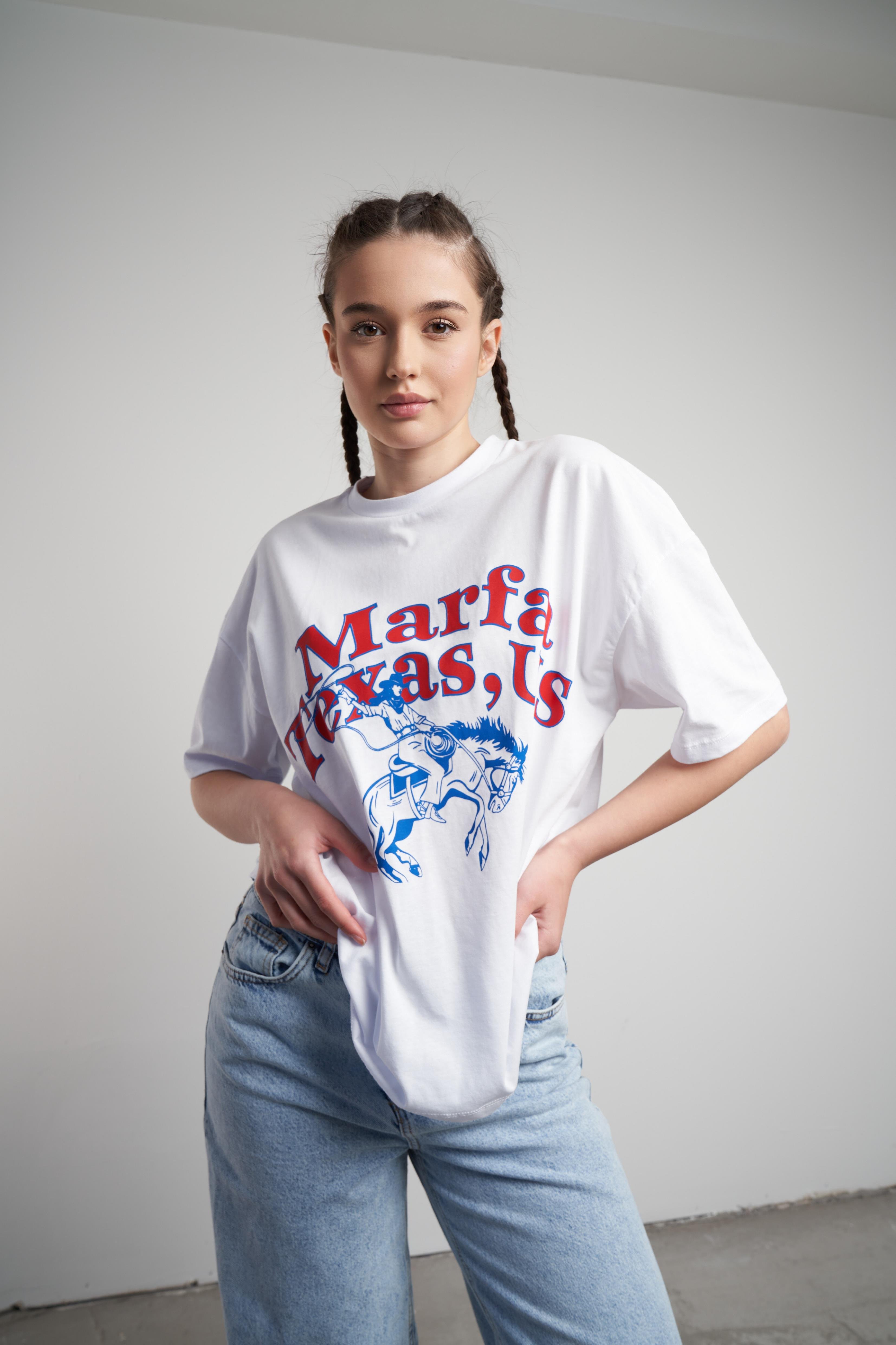 Marfa Texas Baskılı Oversize T-shirt Beyaz