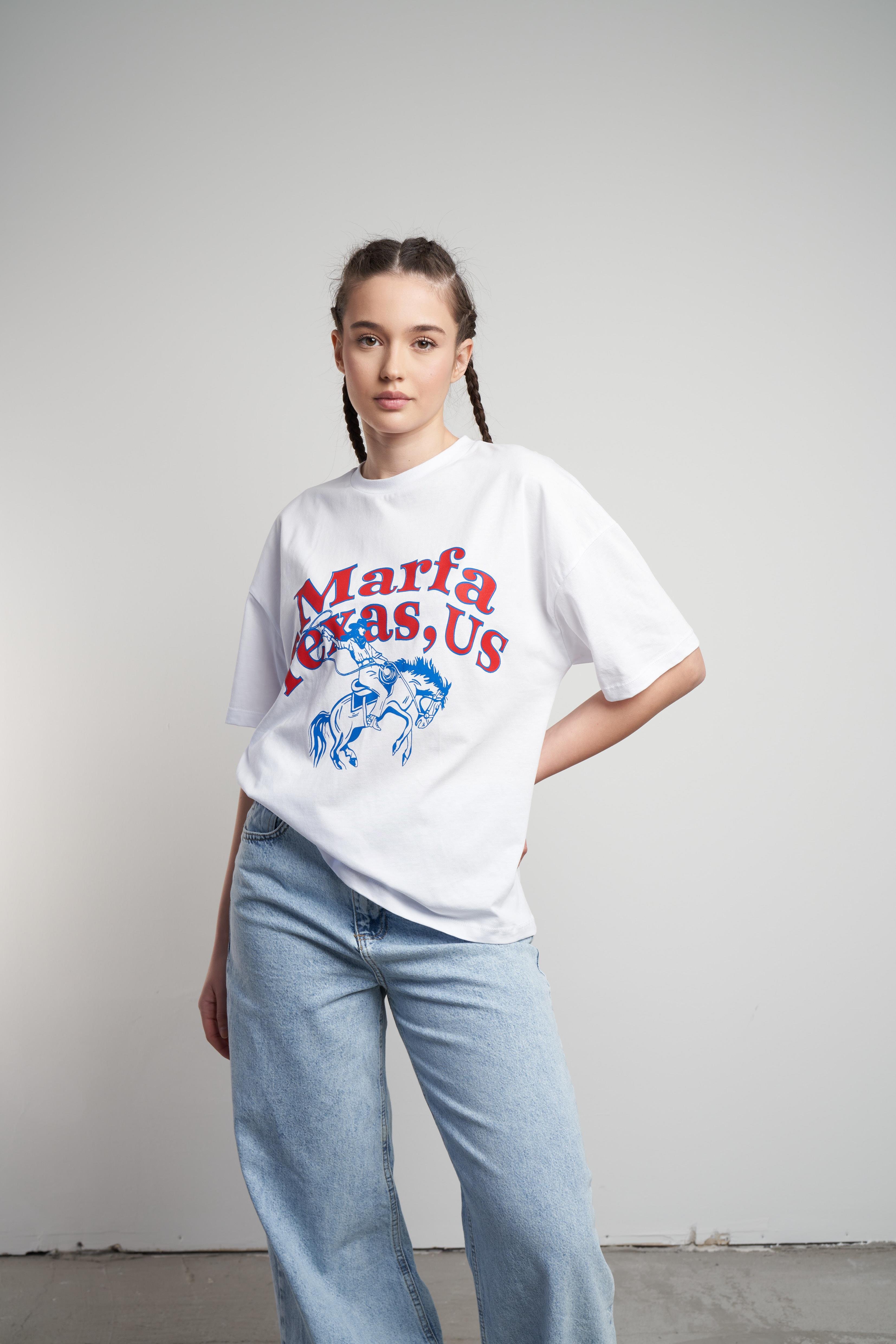 Marfa Texas Baskılı Oversize T-shirt Beyaz