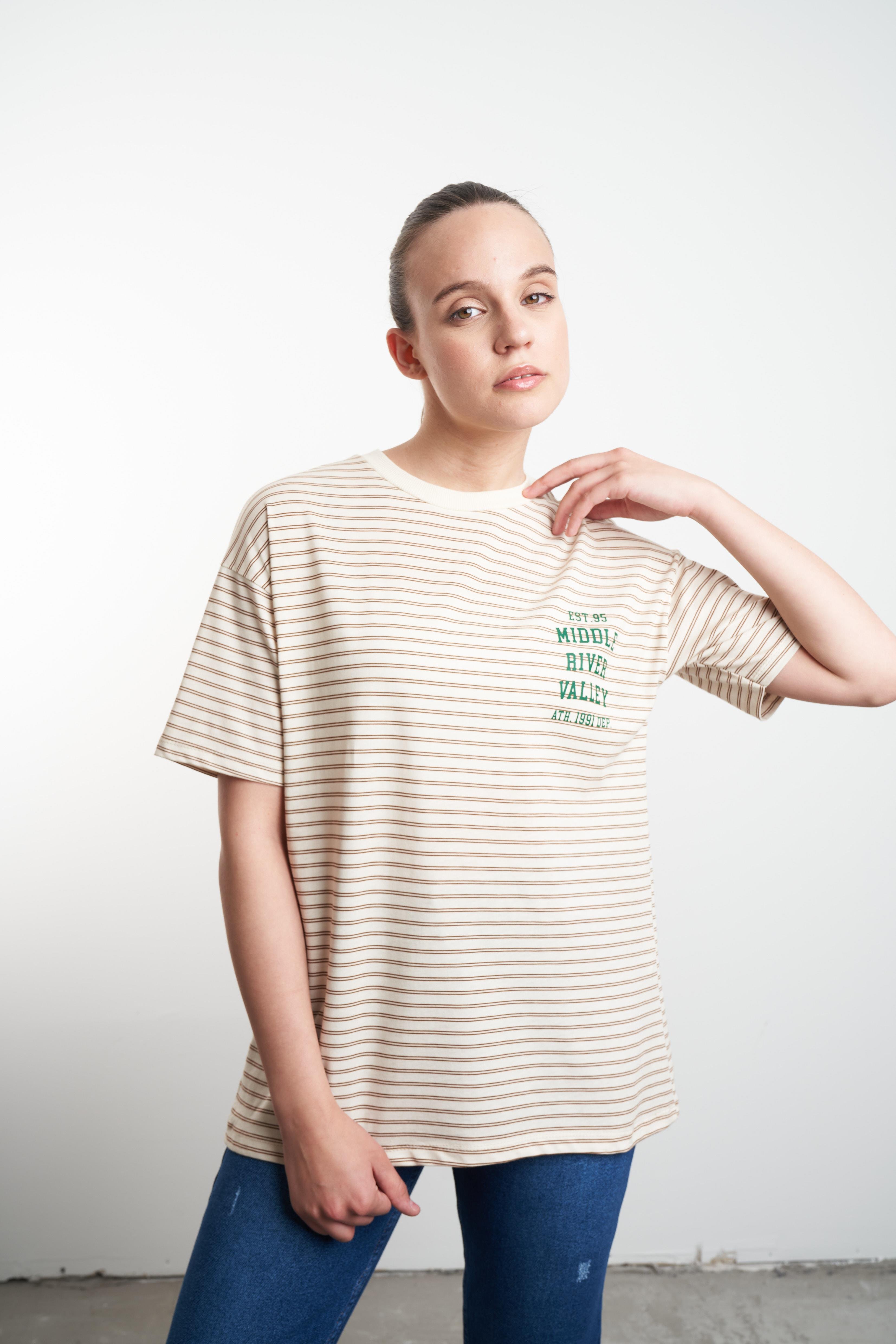 Middle River Valley Baskılı Çizgili T-shirt Taş