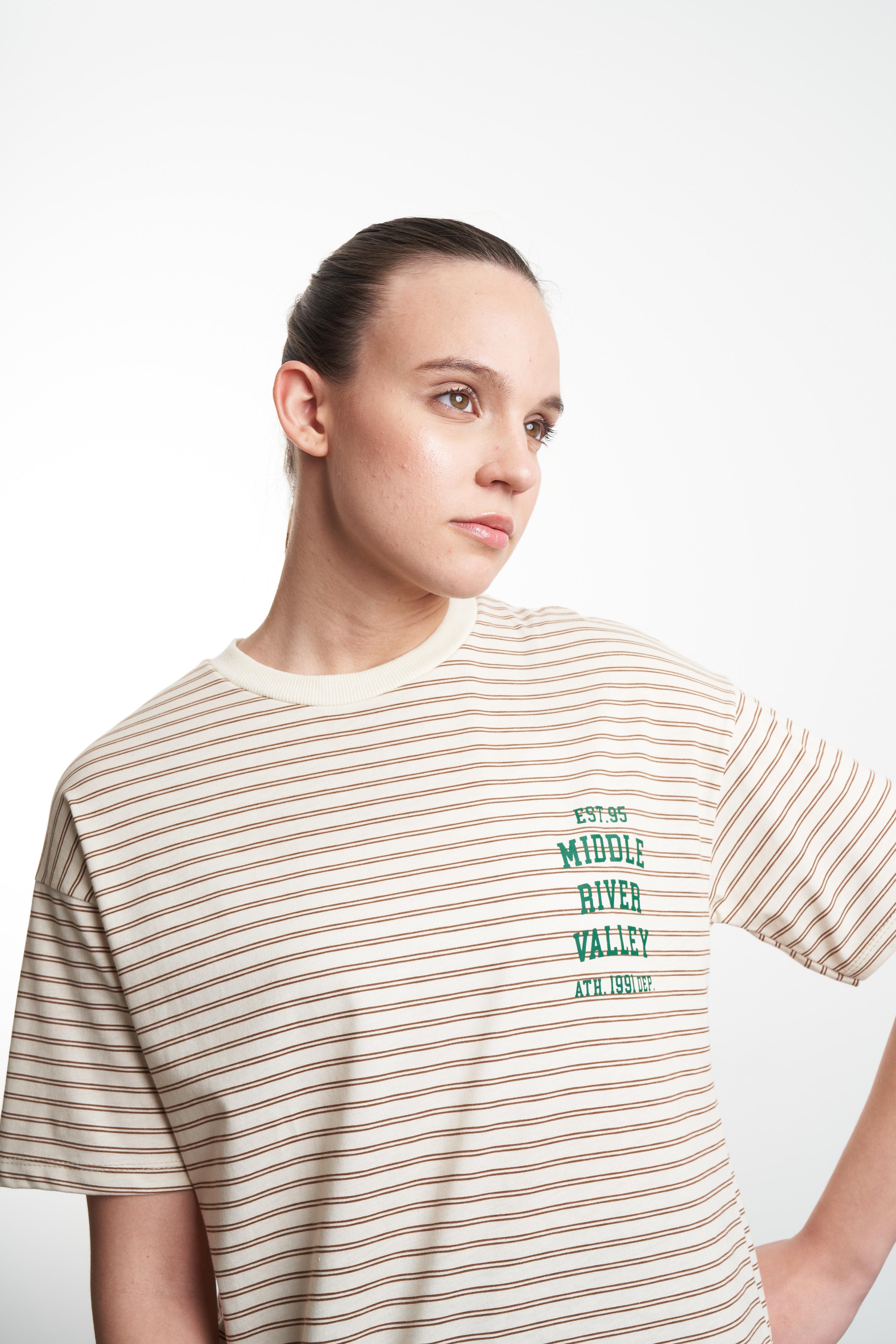 Middle River Valley Baskılı Çizgili T-shirt Taş
