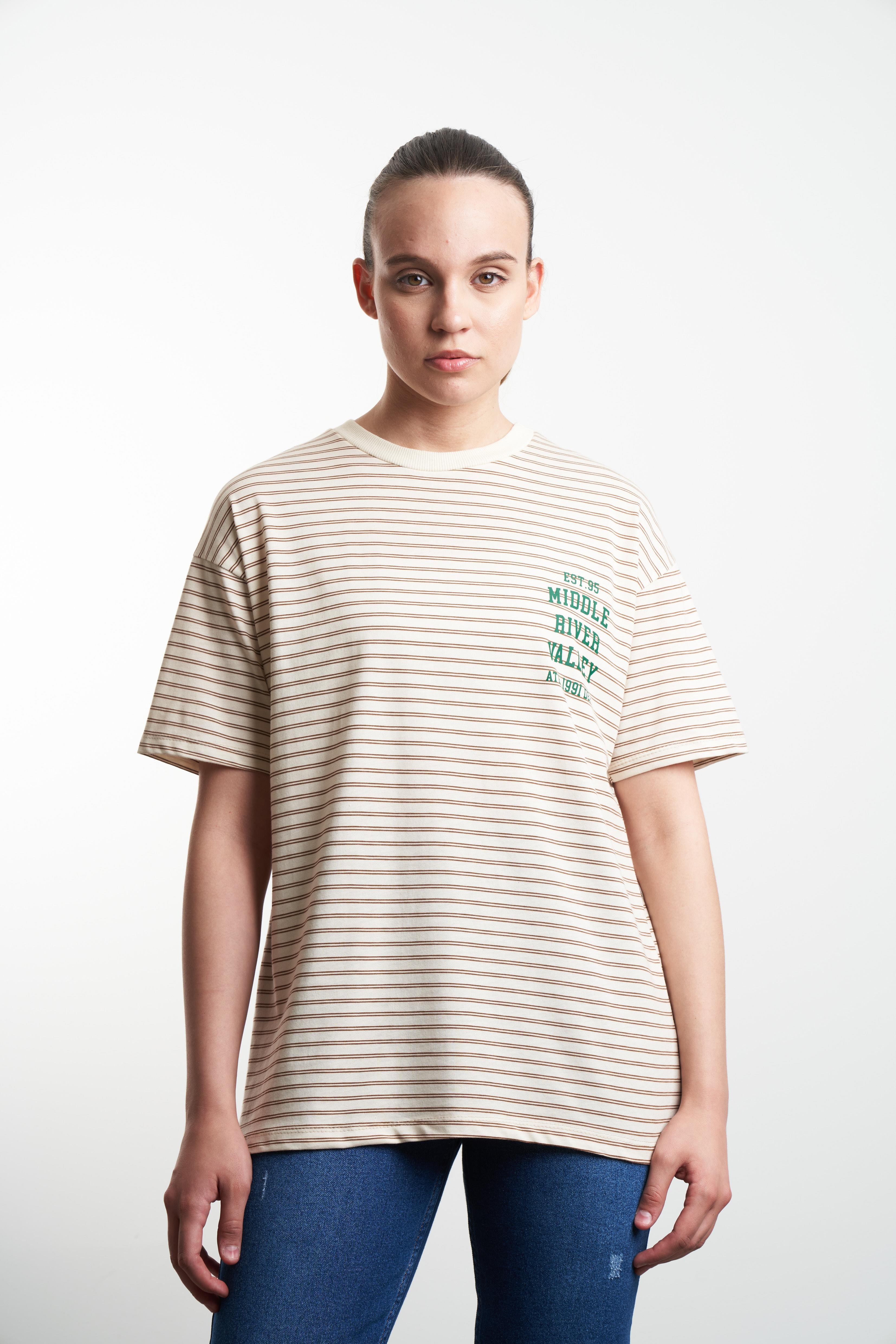 Middle River Valley Baskılı Çizgili T-shirt Taş