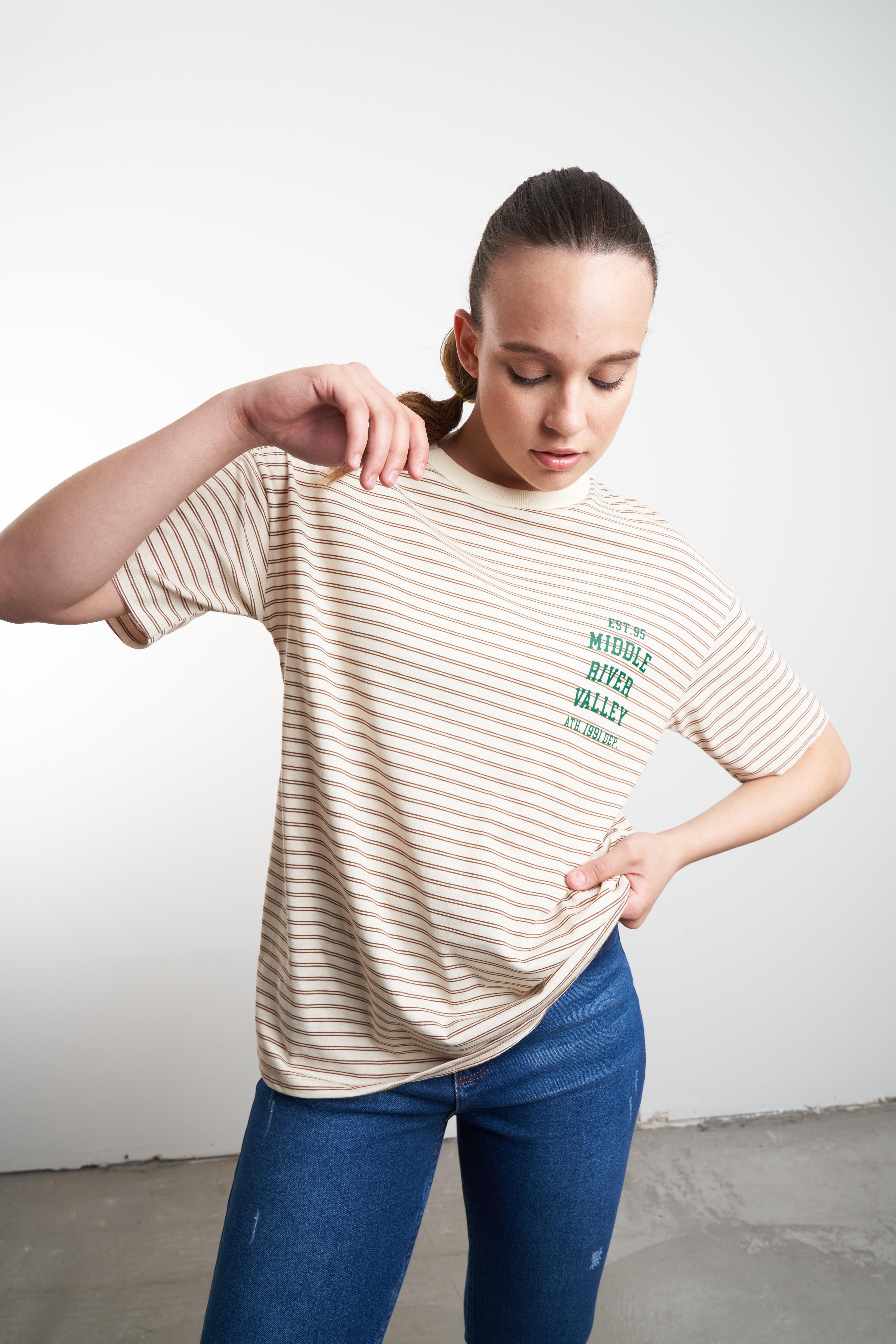 Middle River Valley Baskılı Çizgili T-shirt Taş
