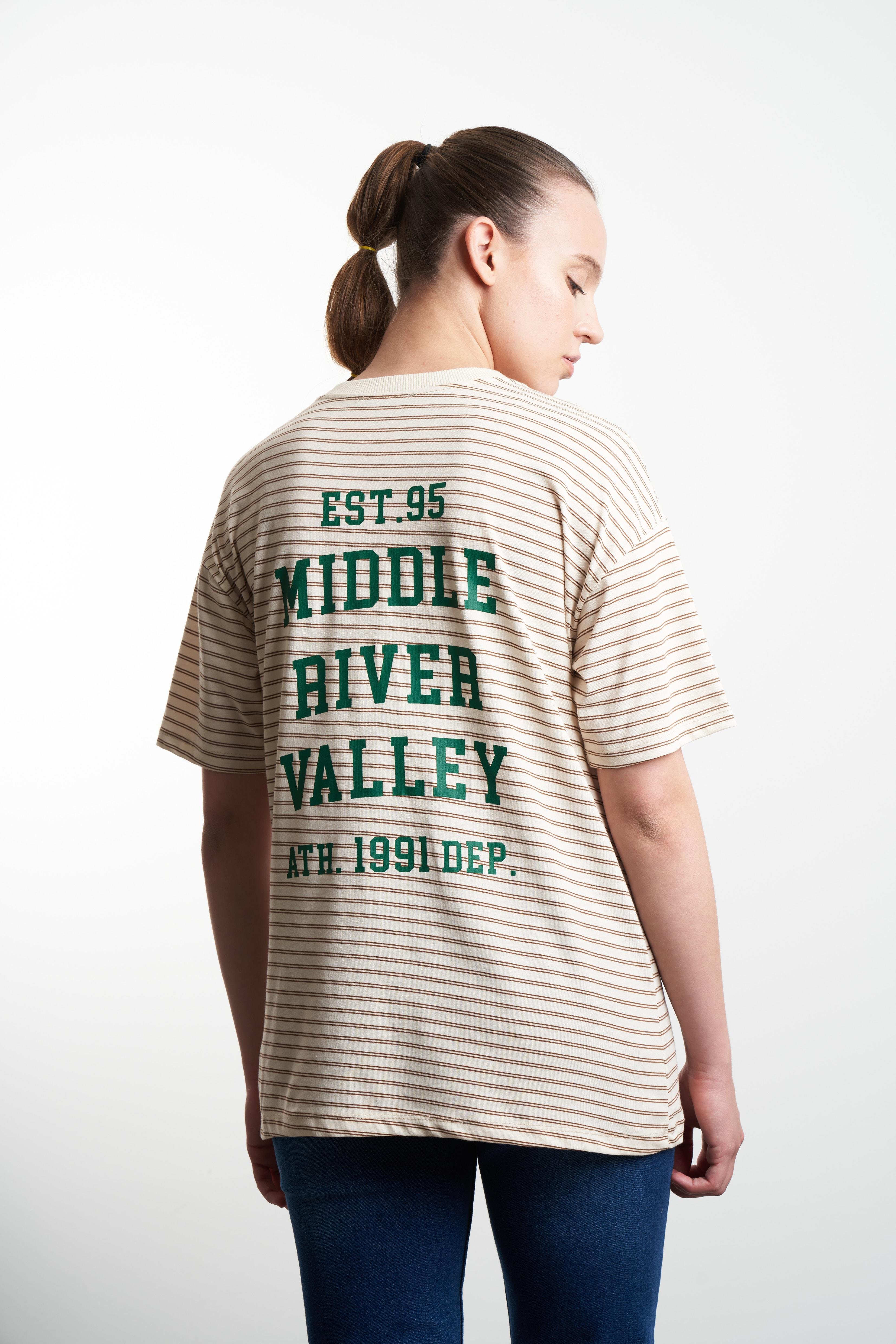 Middle River Valley Baskılı Çizgili T-shirt Taş