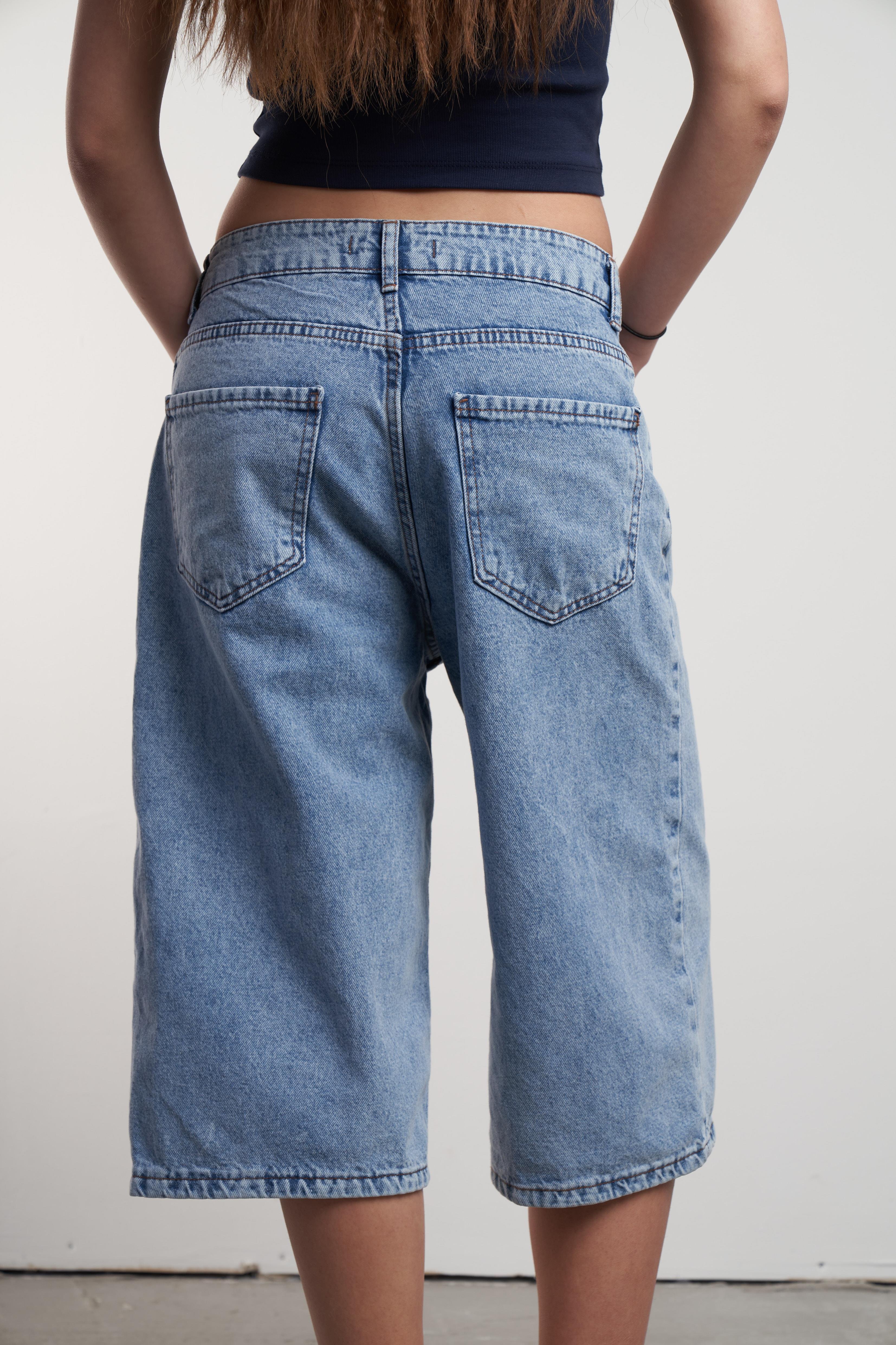 Mom Jean Bermuda Şort Mavi