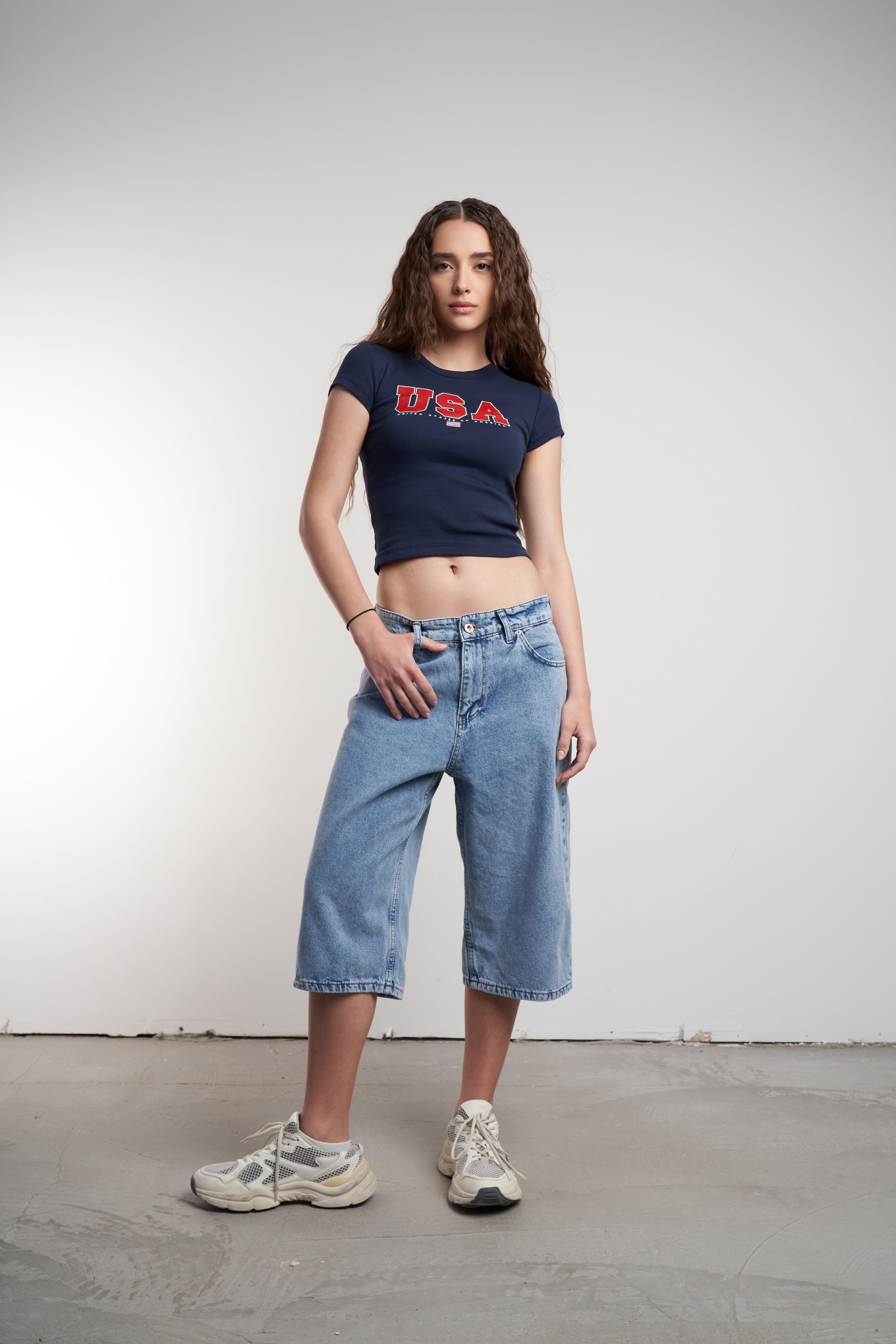 Mom Jean Bermuda Şort Mavi