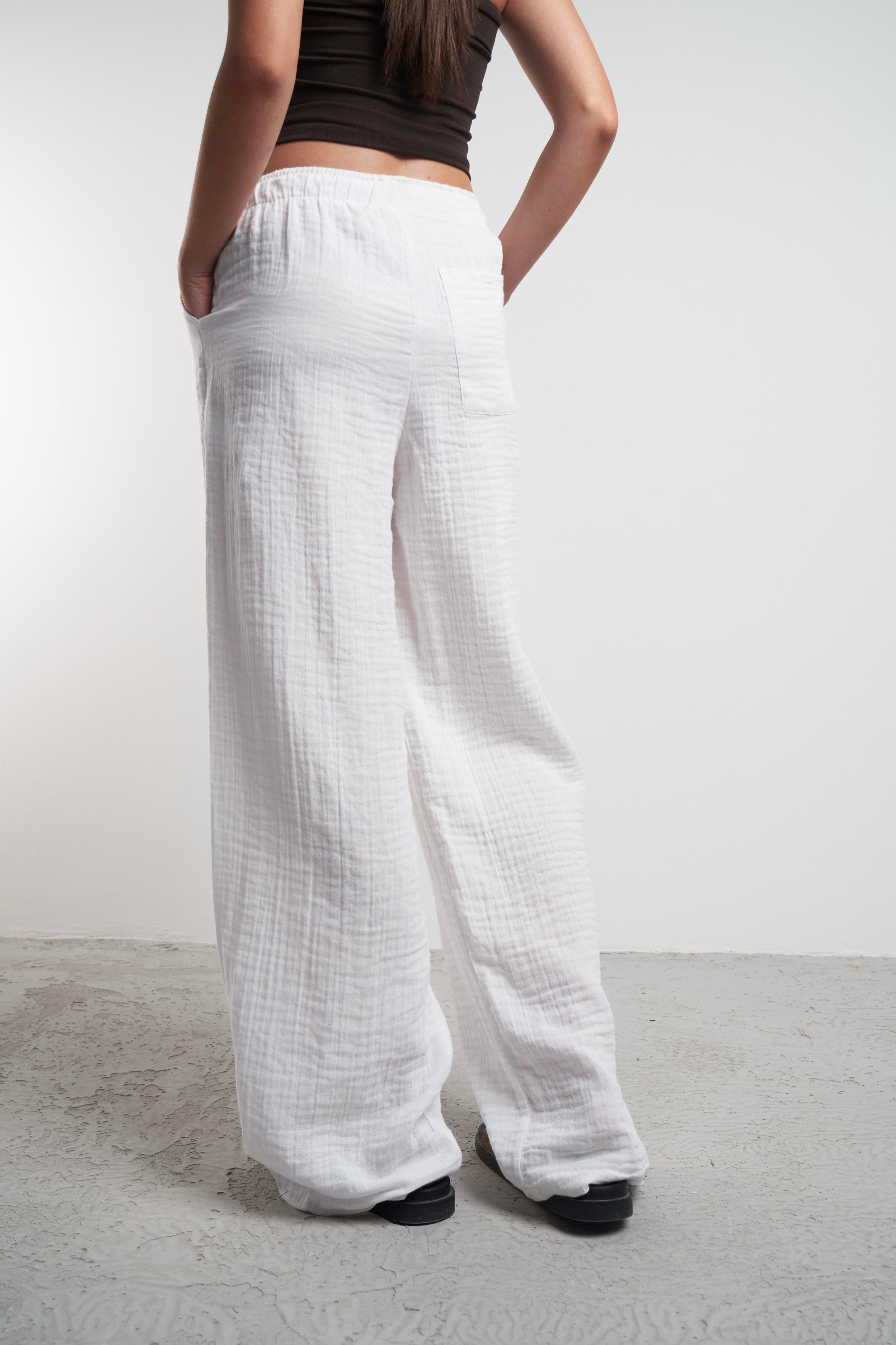 Müslin Bol Paça Pantolon Ekru