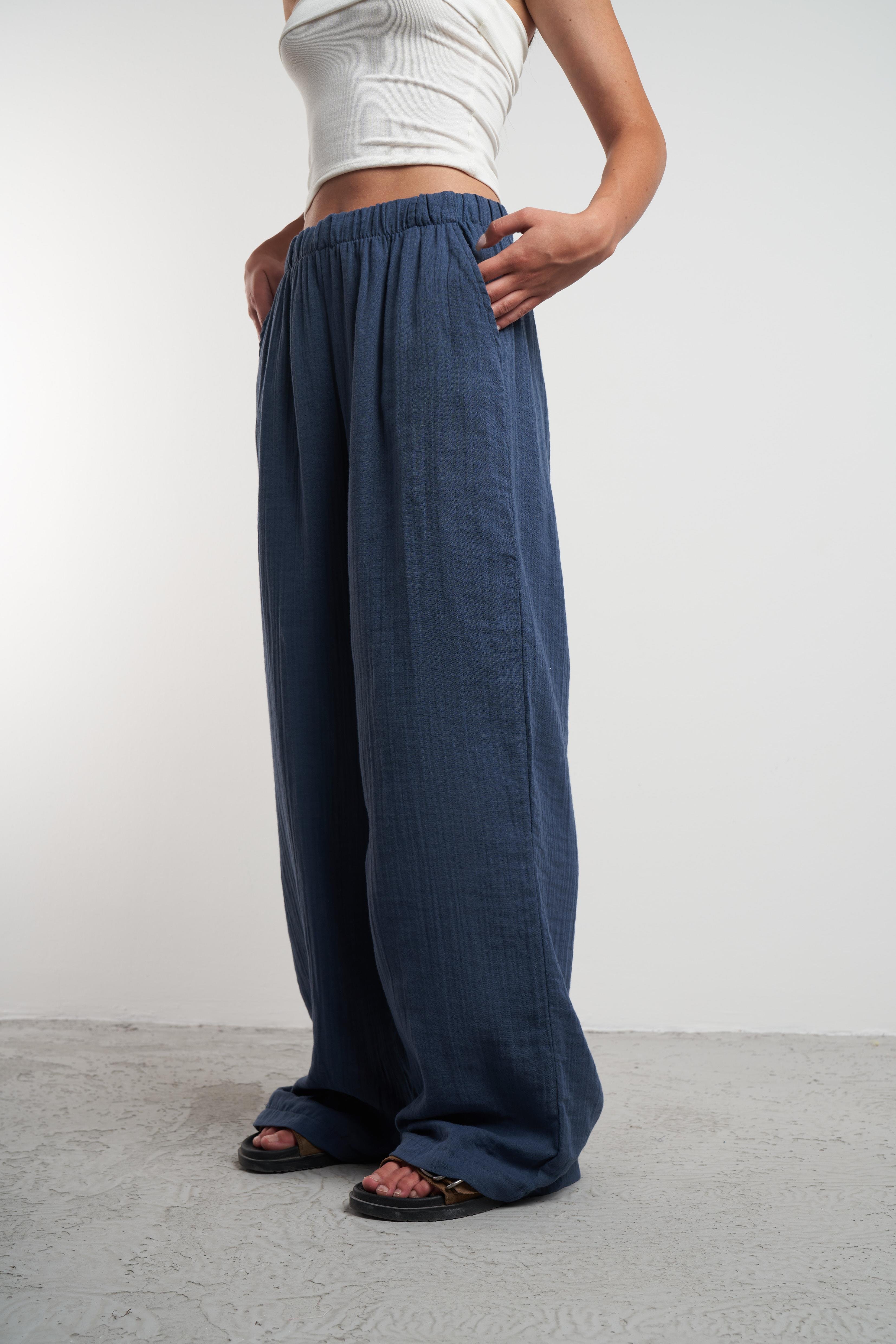 Müslin Bol Paça Pantolon İndigo