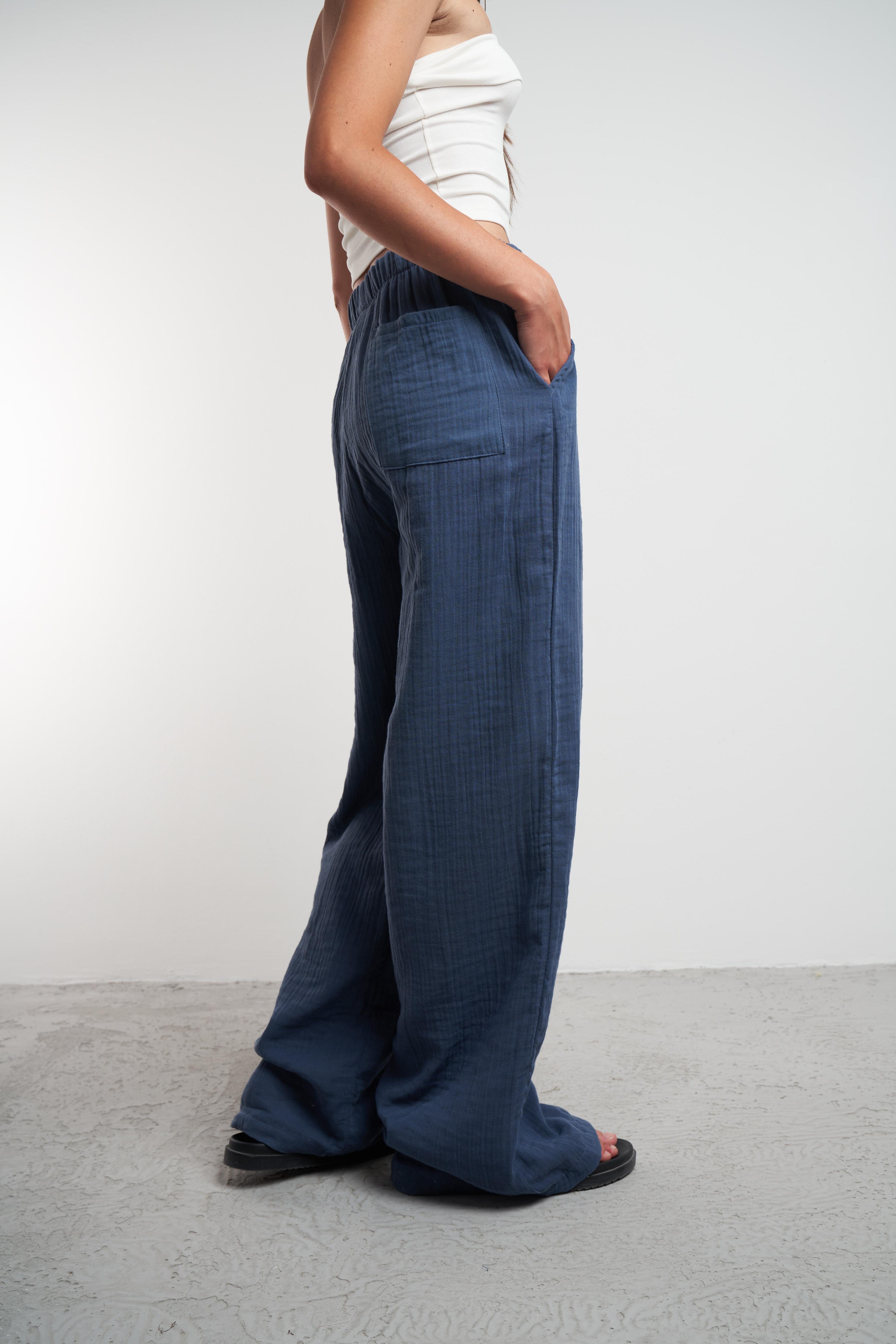 Müslin Bol Paça Pantolon İndigo