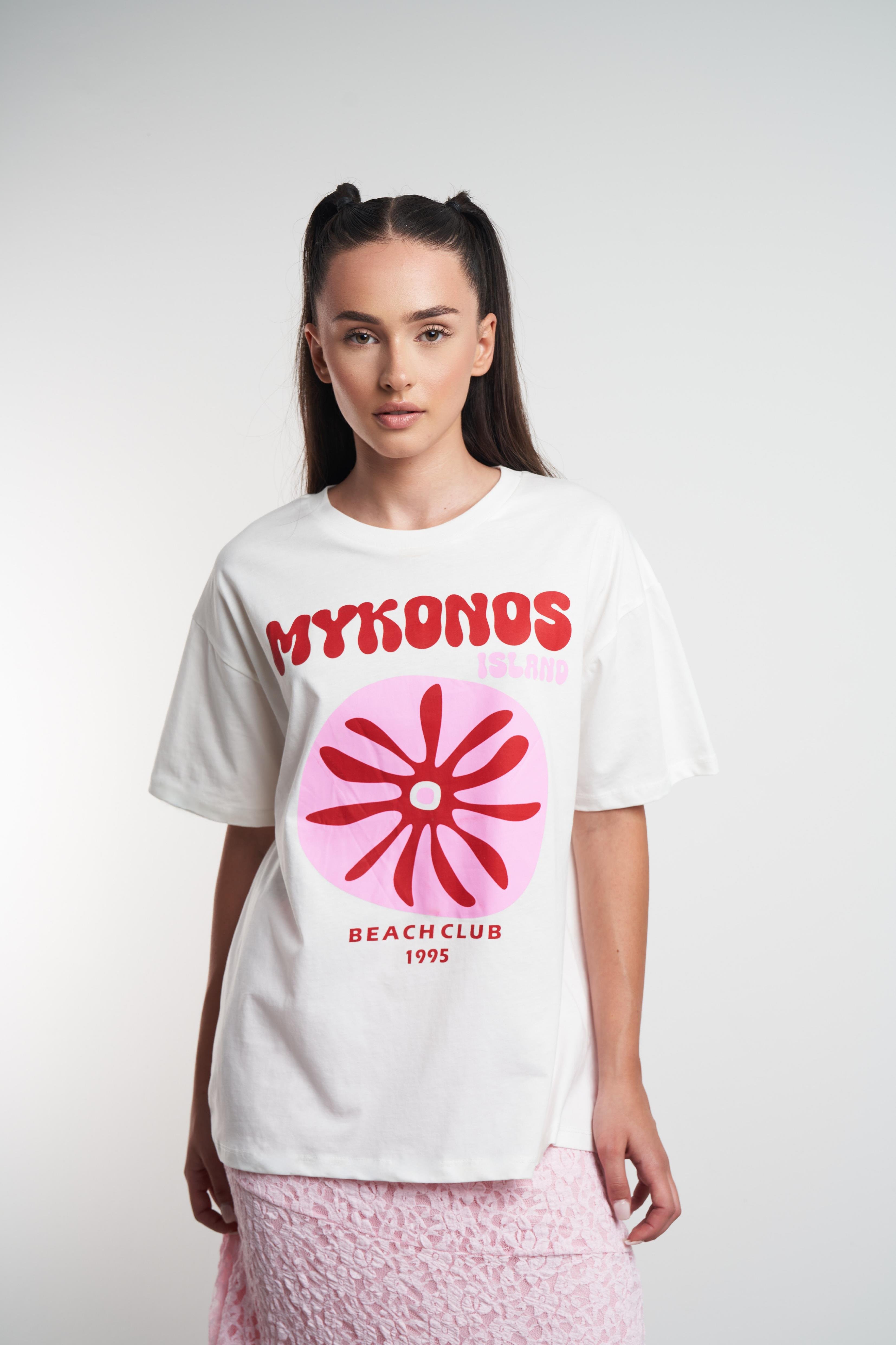 Mykonos Baskılı Kısa Kol T-shirt Ekru