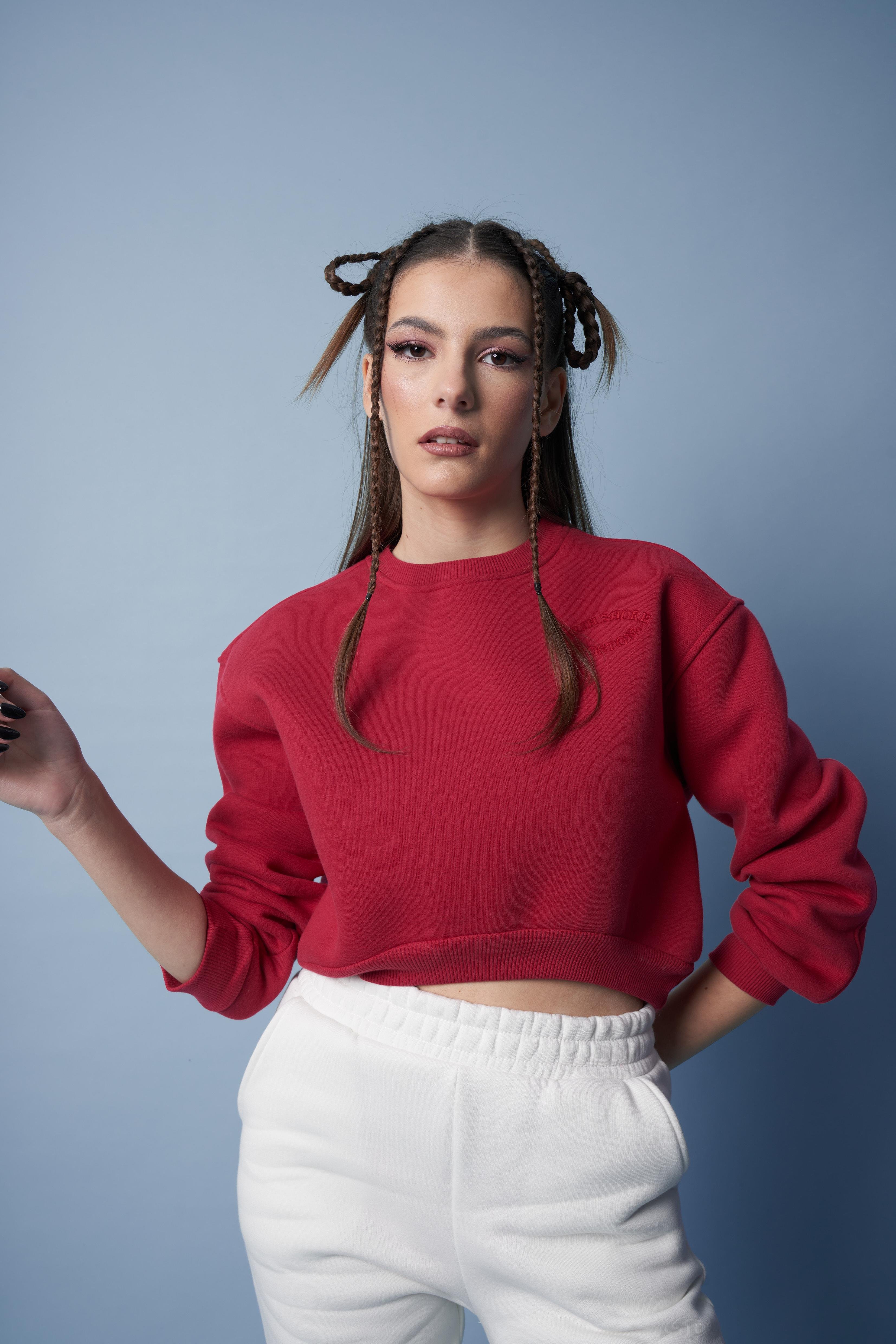 Nakış Detaylı Kısa Basic Sweatshirt Kırmızı