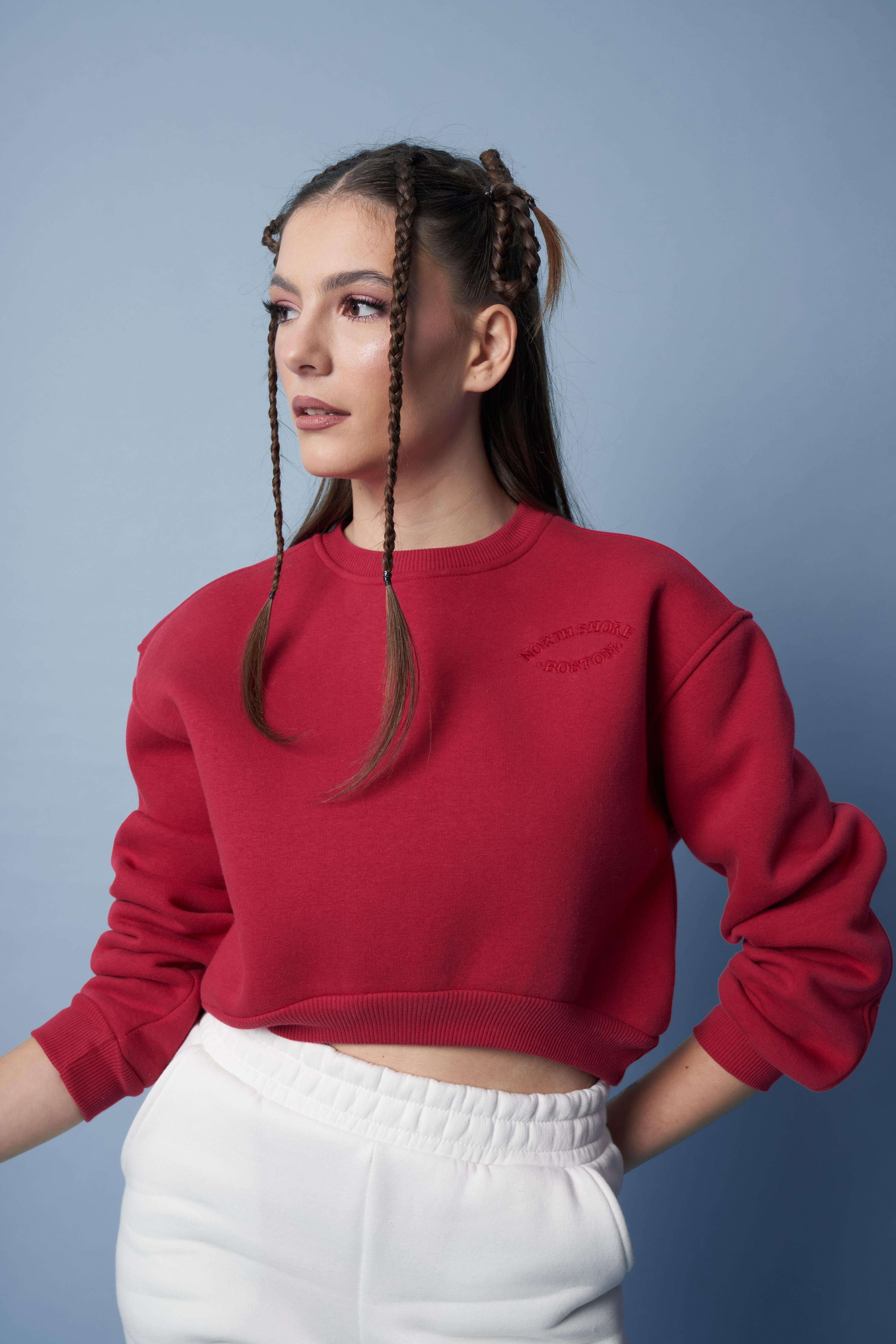 Nakış Detaylı Kısa Basic Sweatshirt Kırmızı