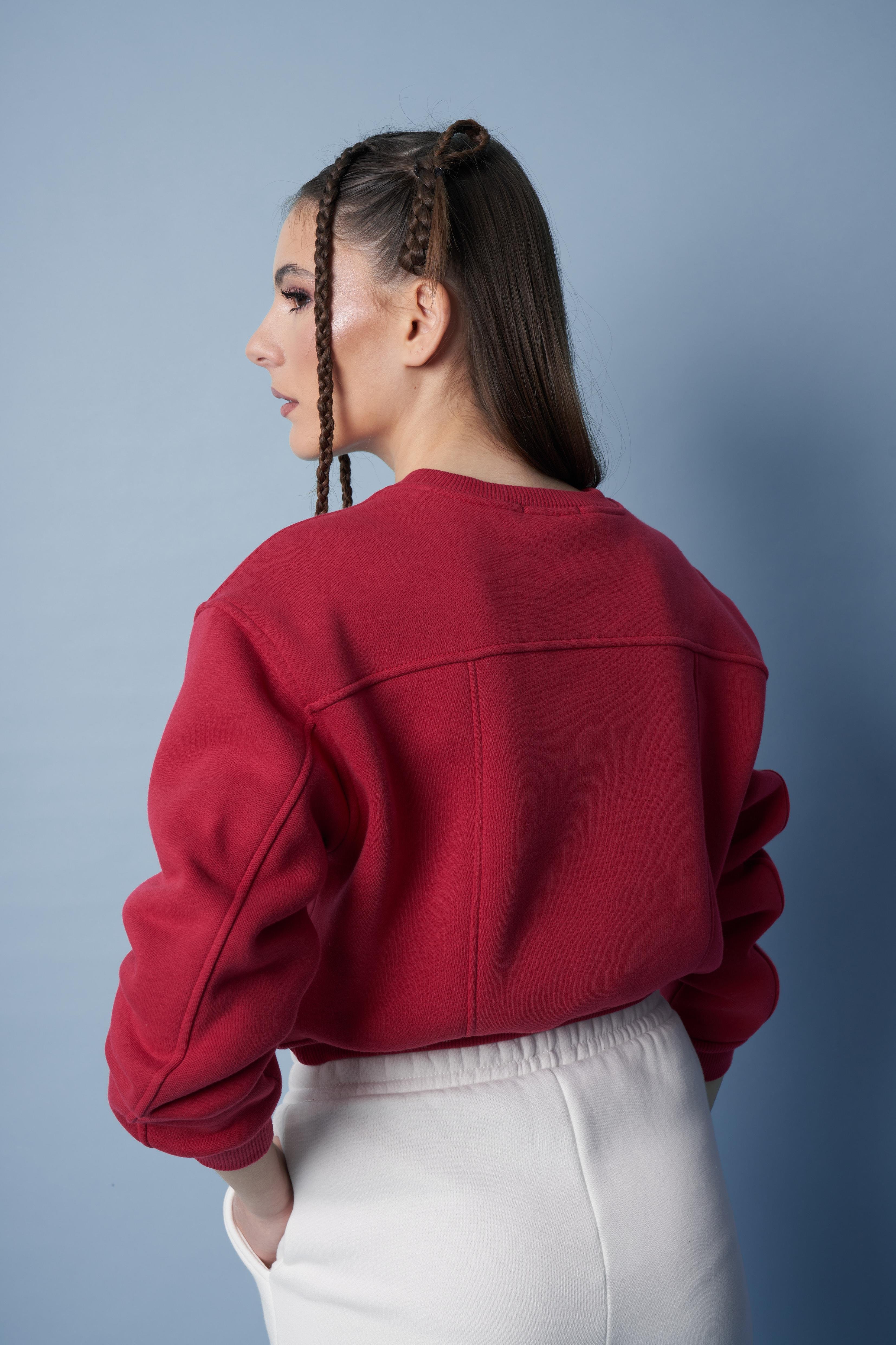 Nakış Detaylı Kısa Basic Sweatshirt Kırmızı