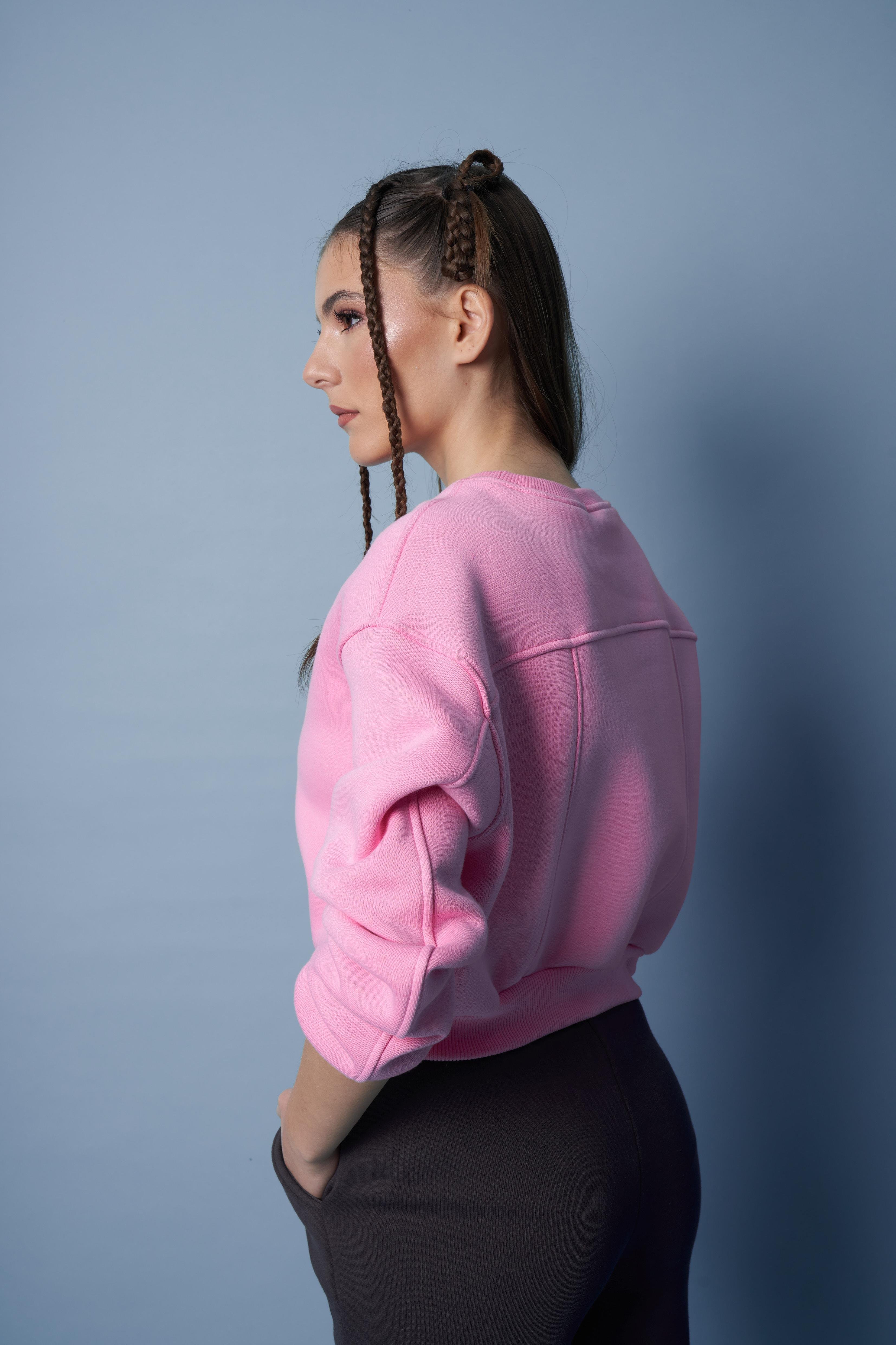 Nakış Detaylı Kısa Basic Sweatshirt Pembe