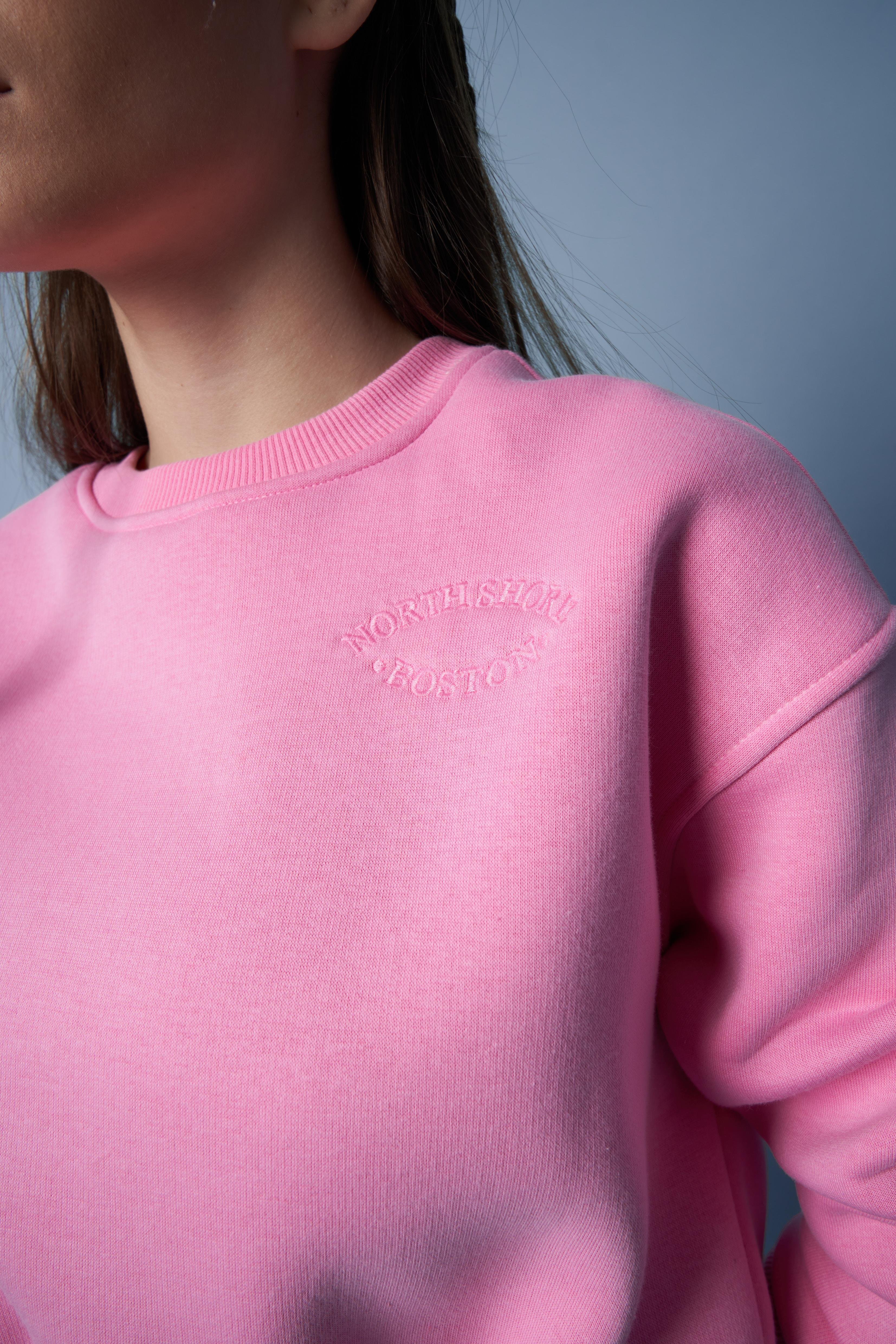 Nakış Detaylı Kısa Basic Sweatshirt Pembe