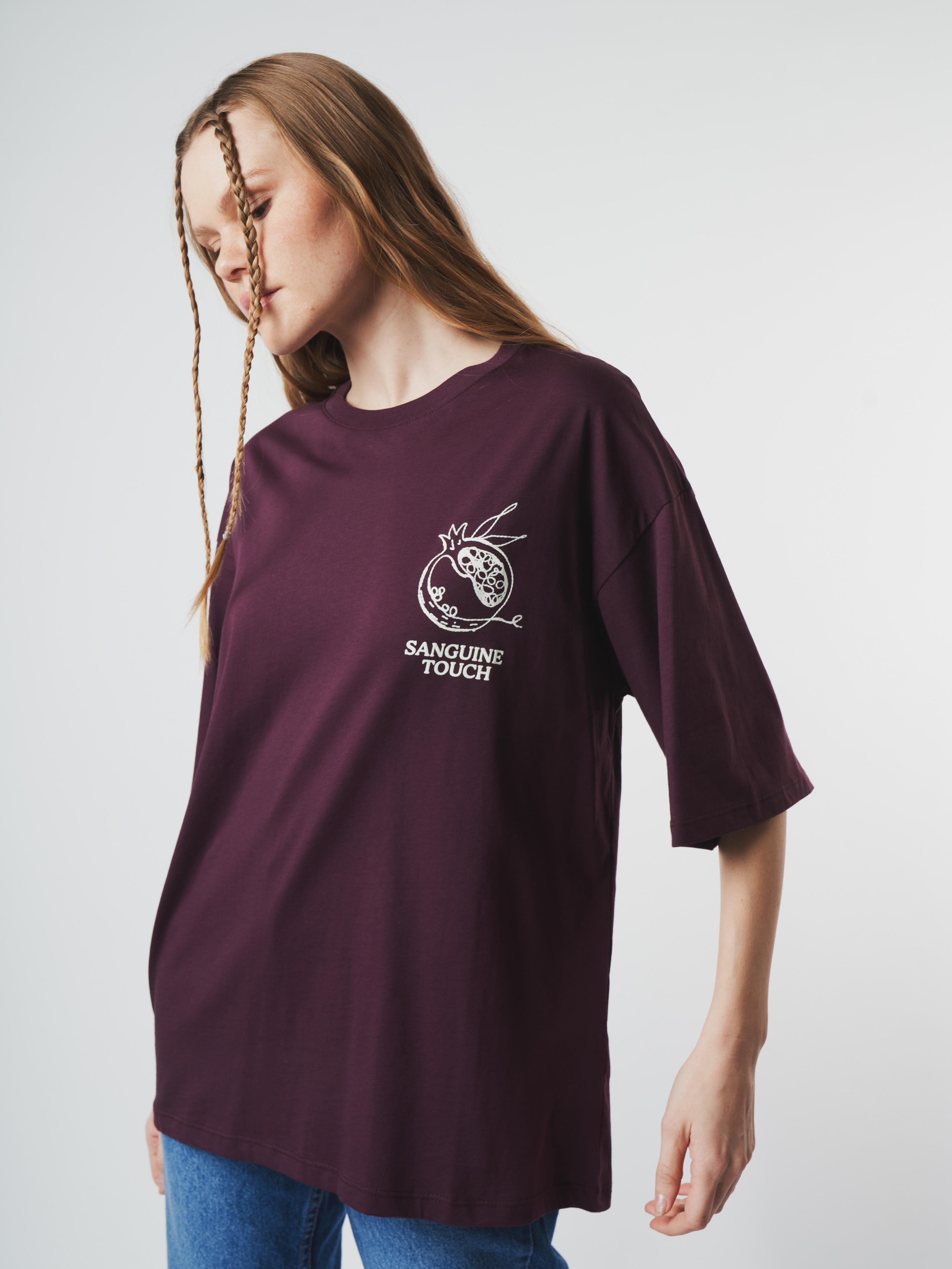 Nar Baskılı Kısa Kol Oversize T-shirt Mürdüm