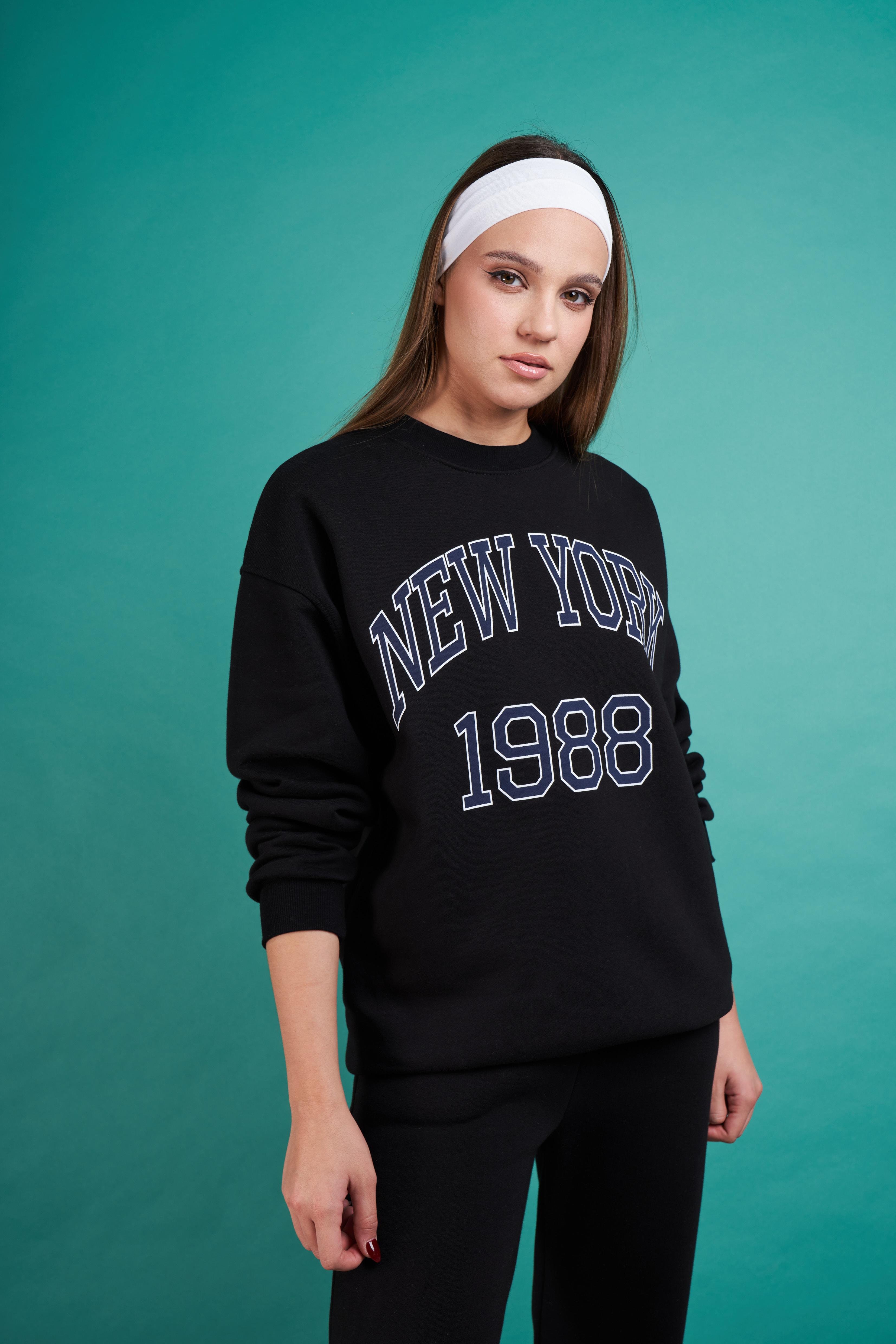 New York Baskılı Sweatshirt Siyah