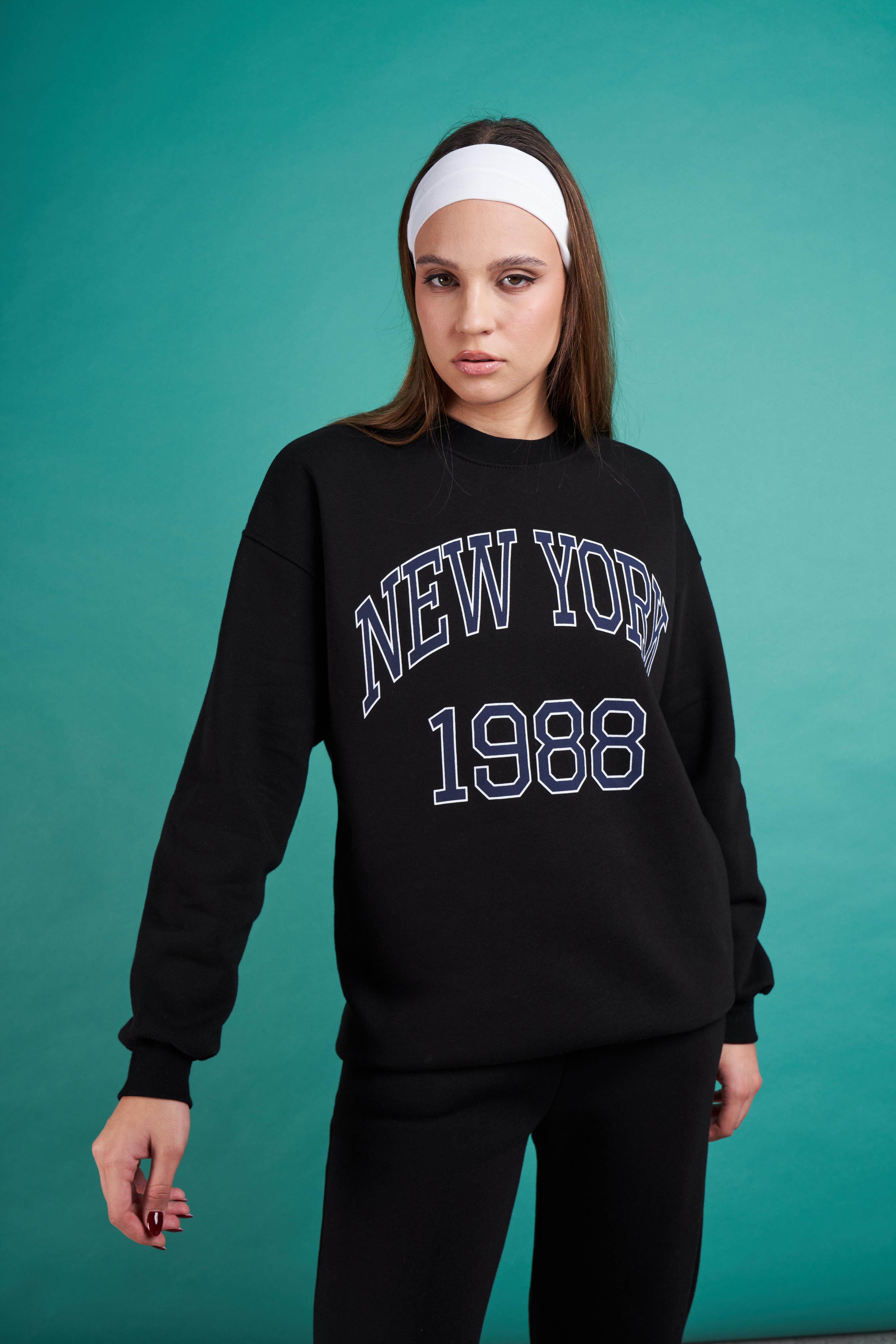 New York Baskılı Sweatshirt Siyah