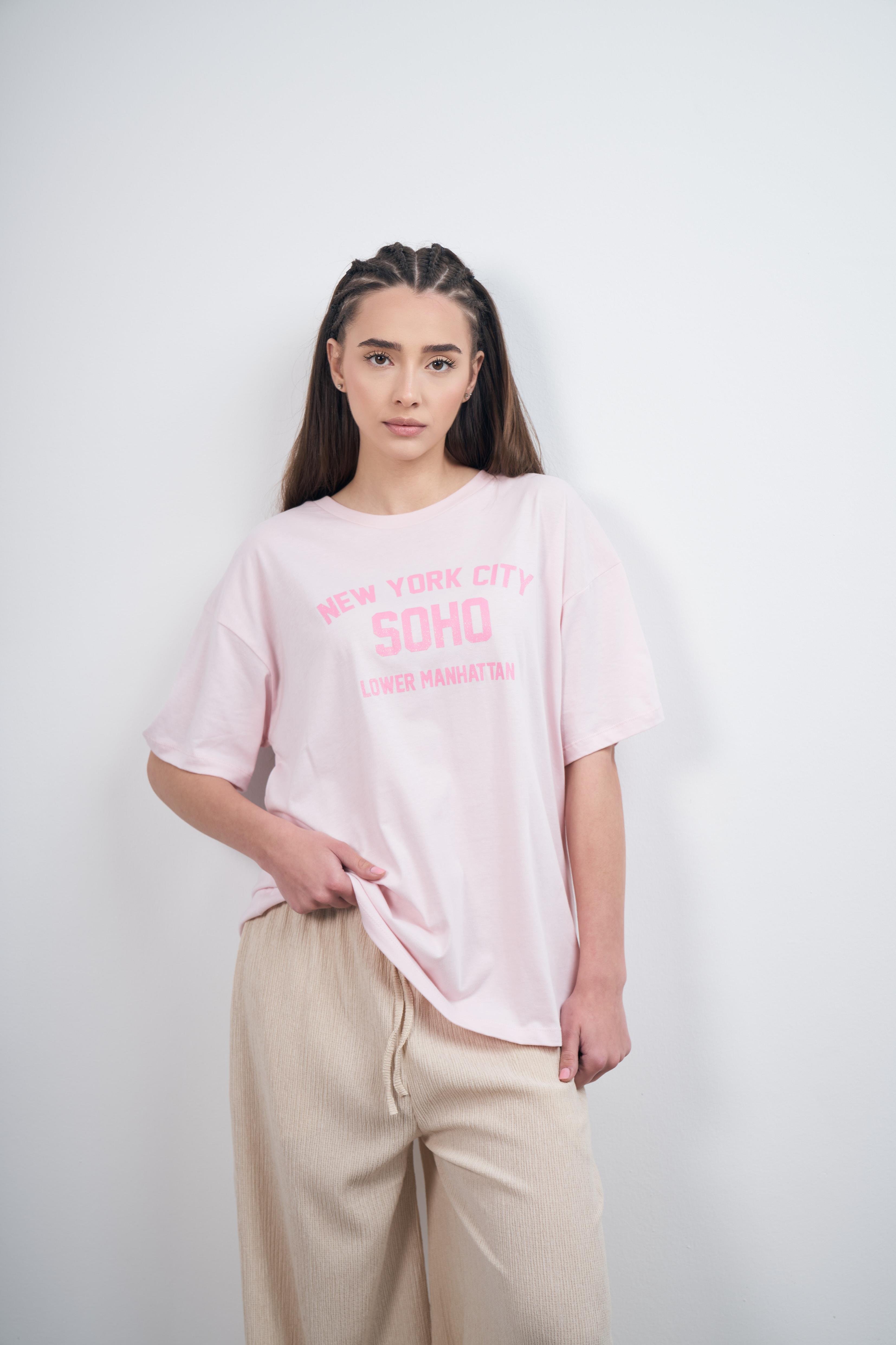 New York City Baskılı Kısa Kol T-shirt Toz Pembe