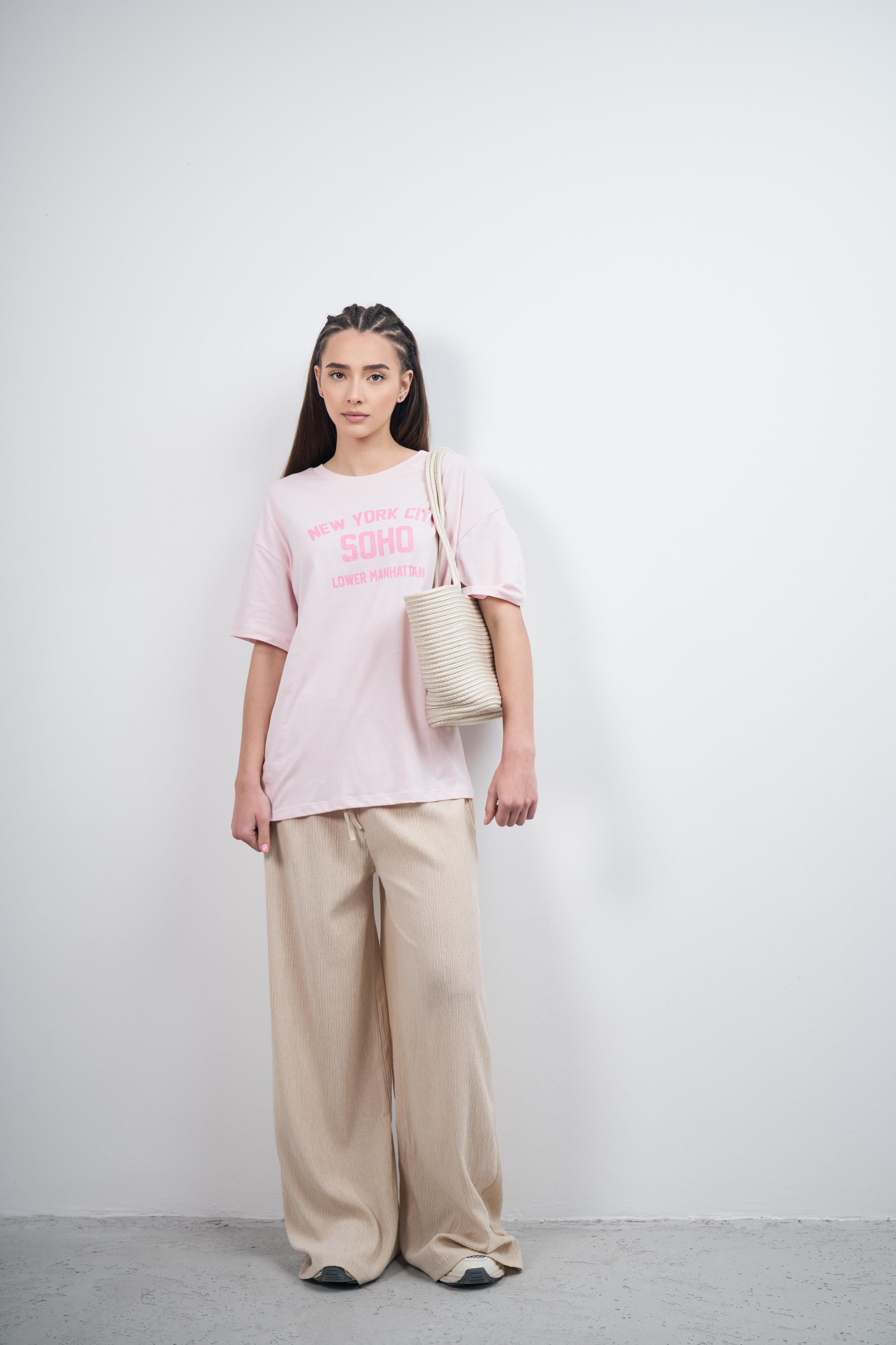 New York City Baskılı Kısa Kol T-shirt Toz Pembe