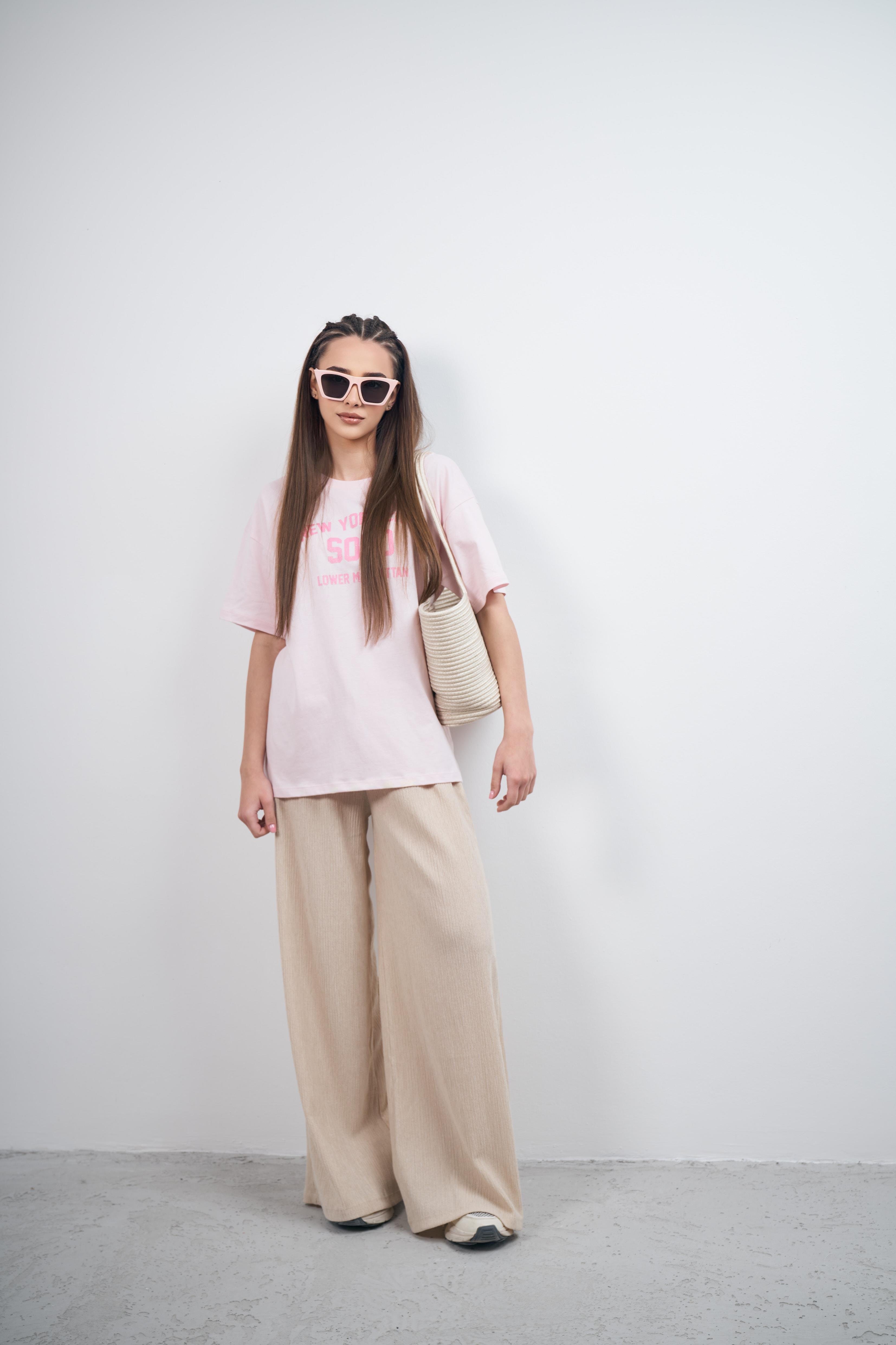 New York City Baskılı Kısa Kol T-shirt Toz Pembe