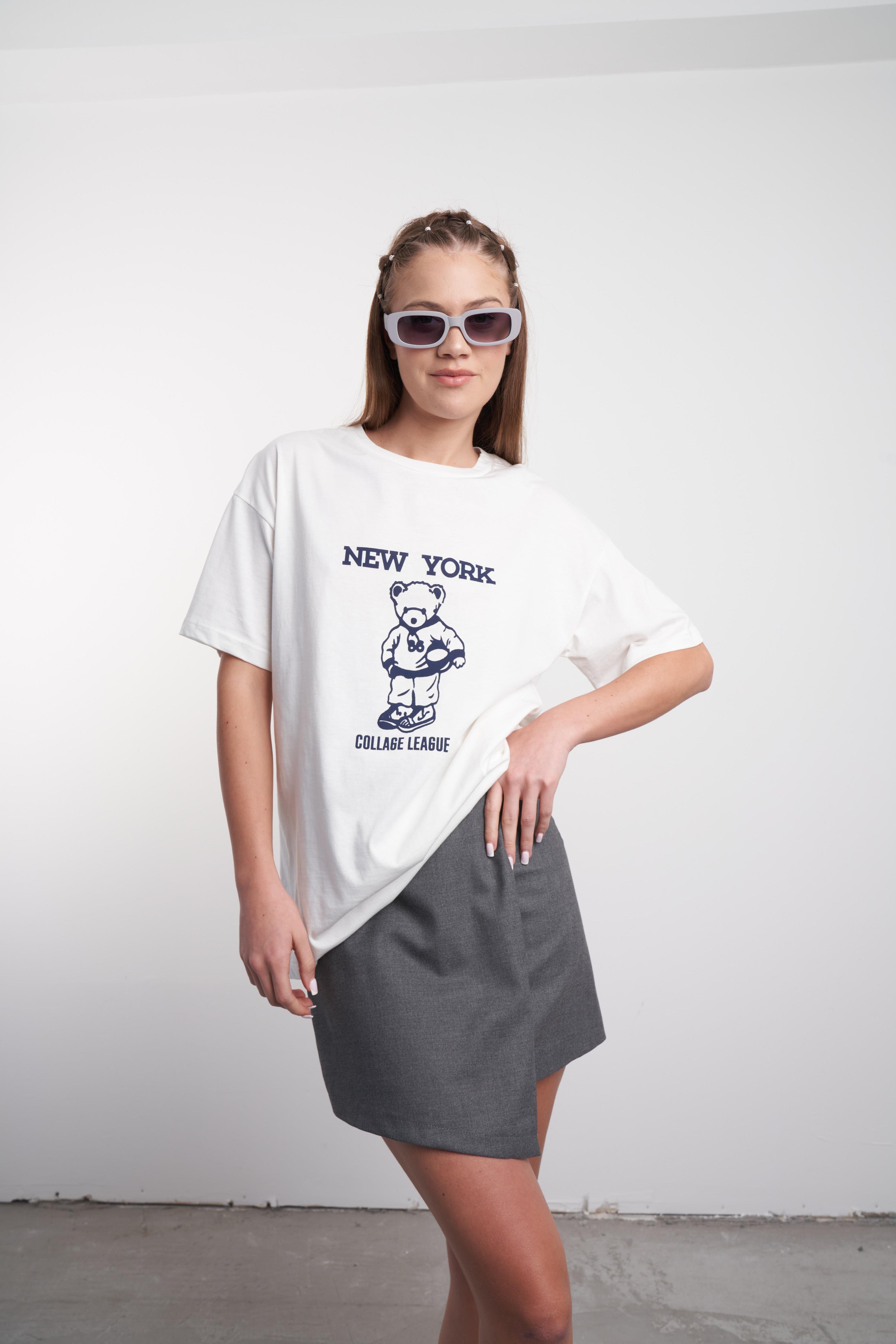 New York ve Ayı Baskılı T-shirt Beyaz