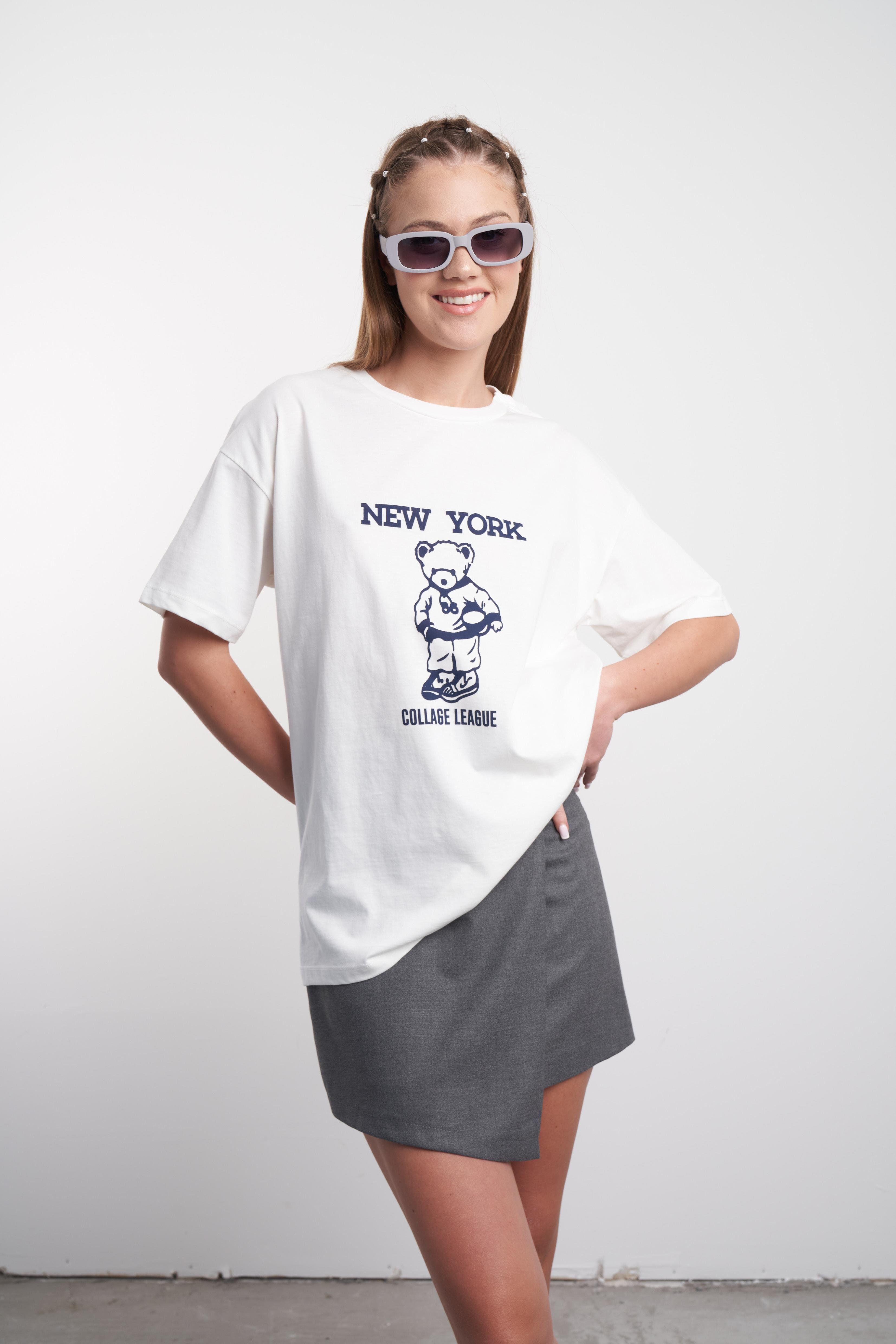 New York ve Ayı Baskılı T-shirt Beyaz