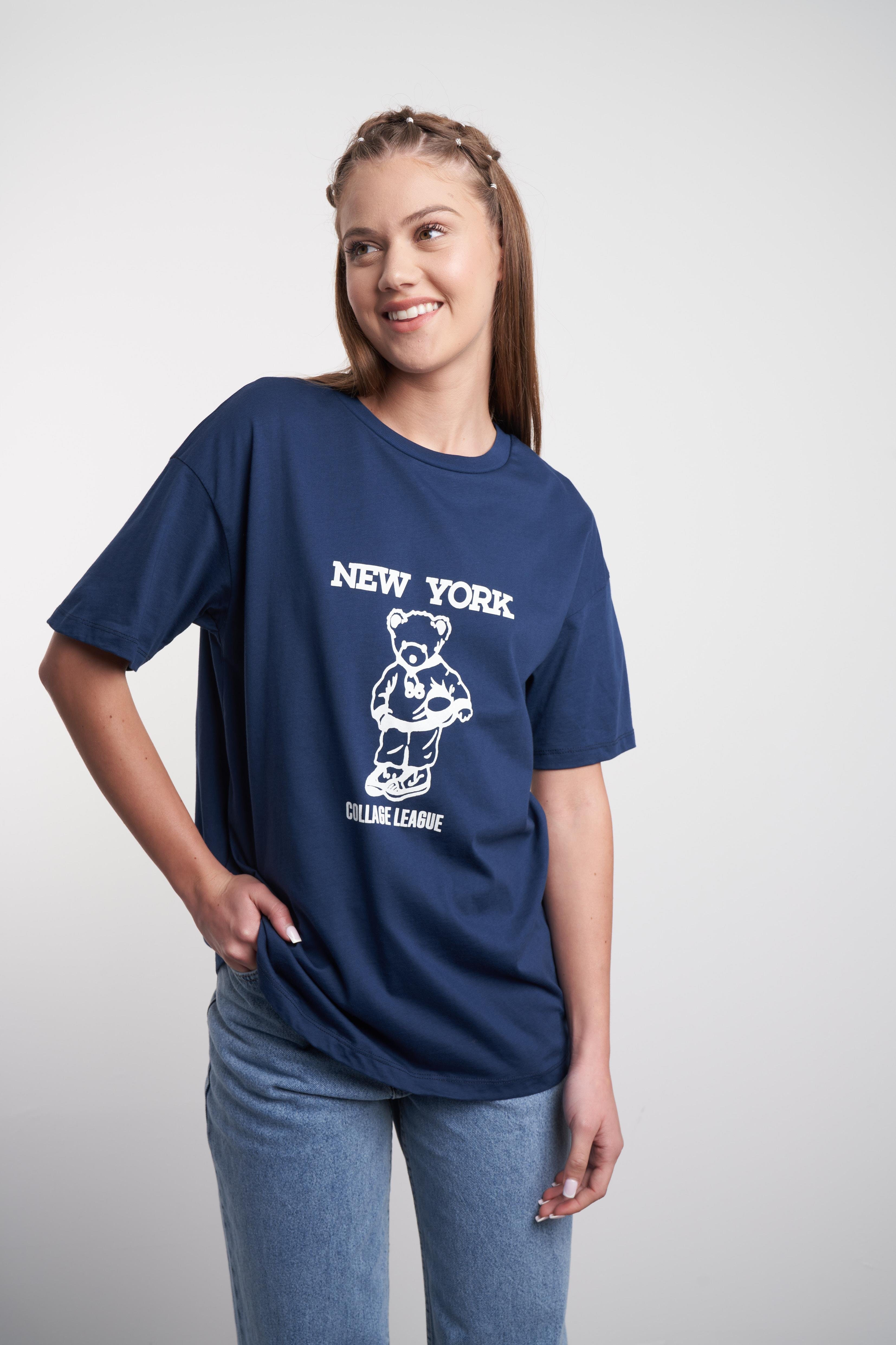 New York ve Ayı Baskılı T-shirt Lacivert