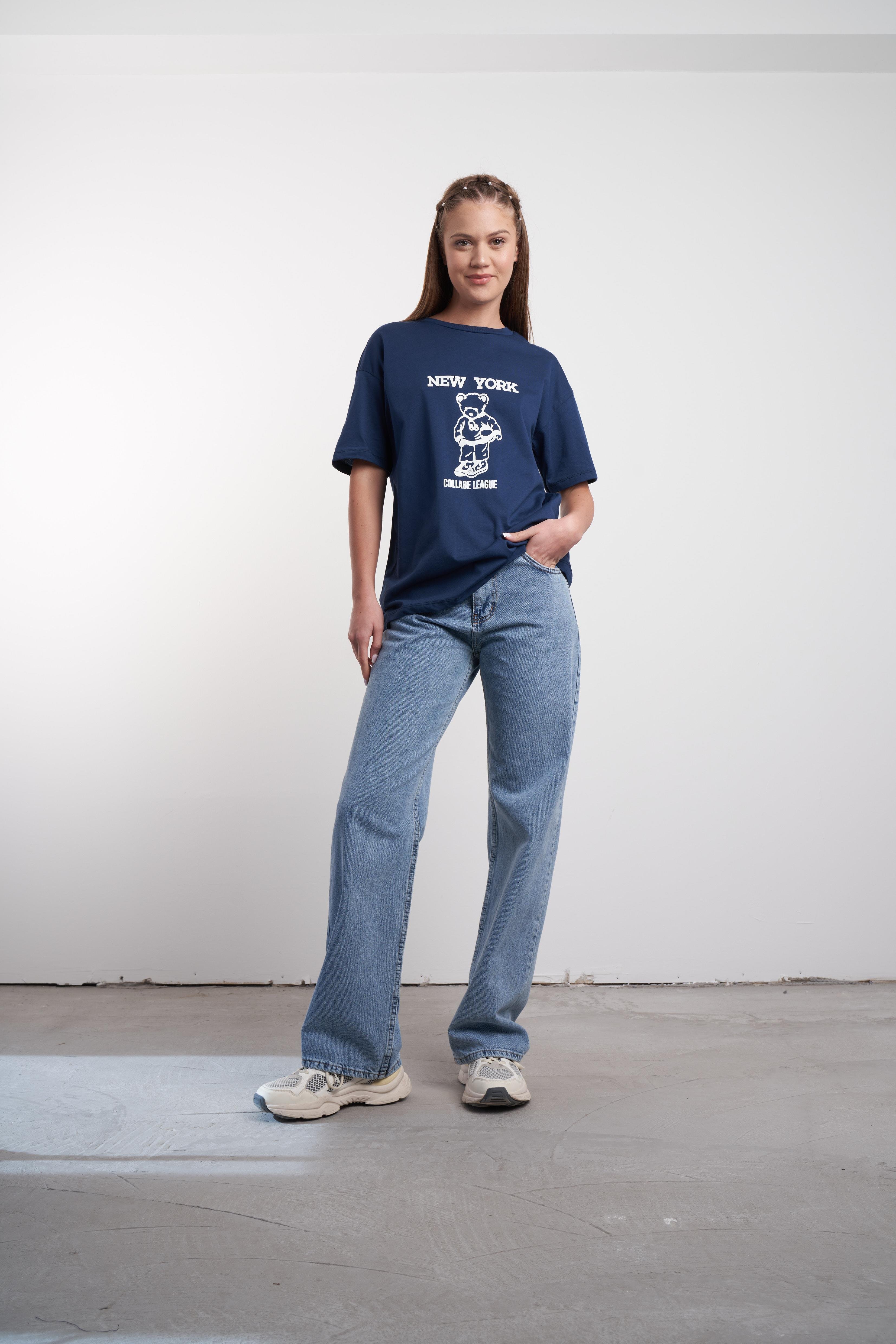 New York ve Ayı Baskılı T-shirt Lacivert
