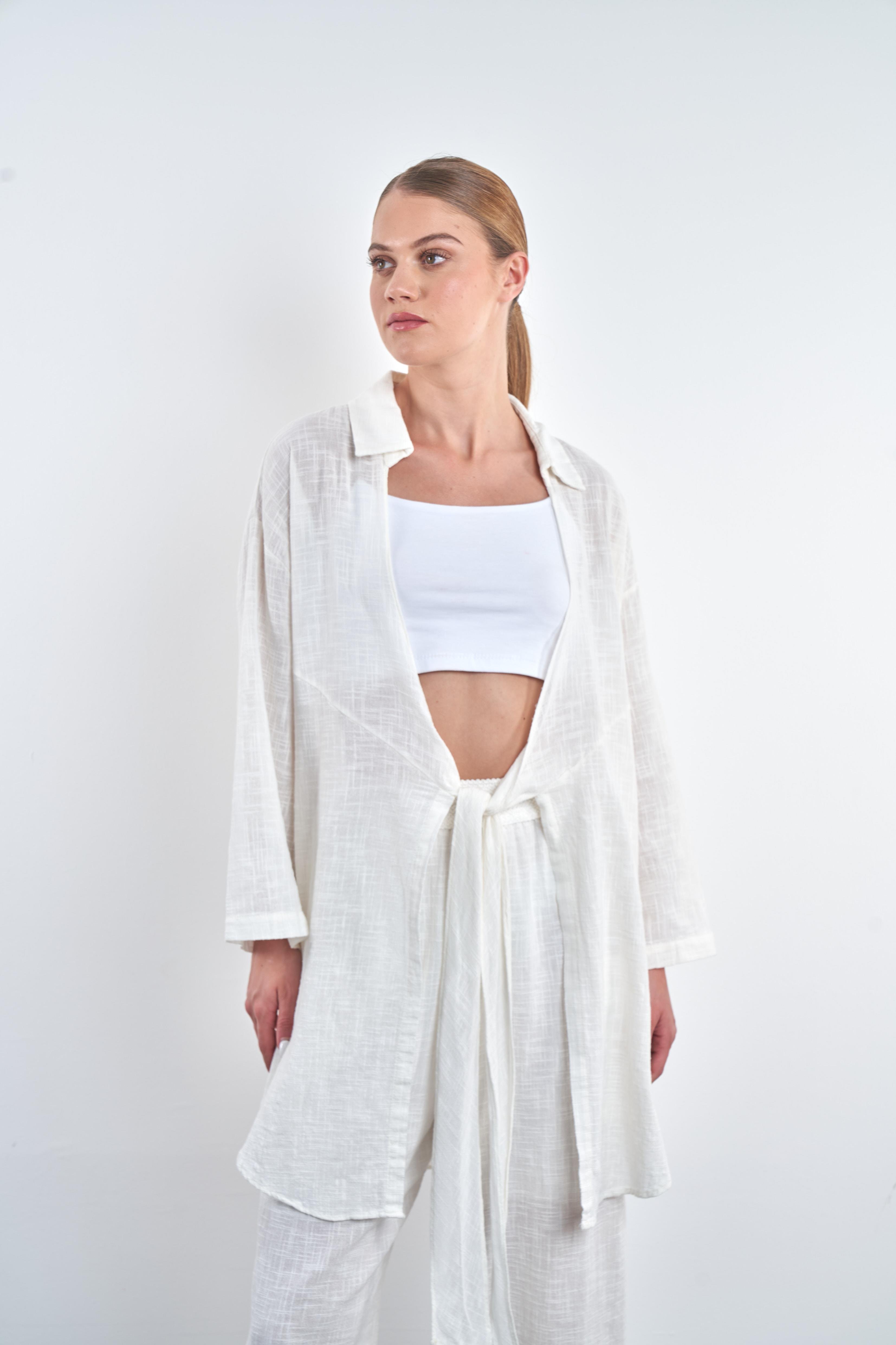 Ön Bağlama Detaylı Kimono Ekru