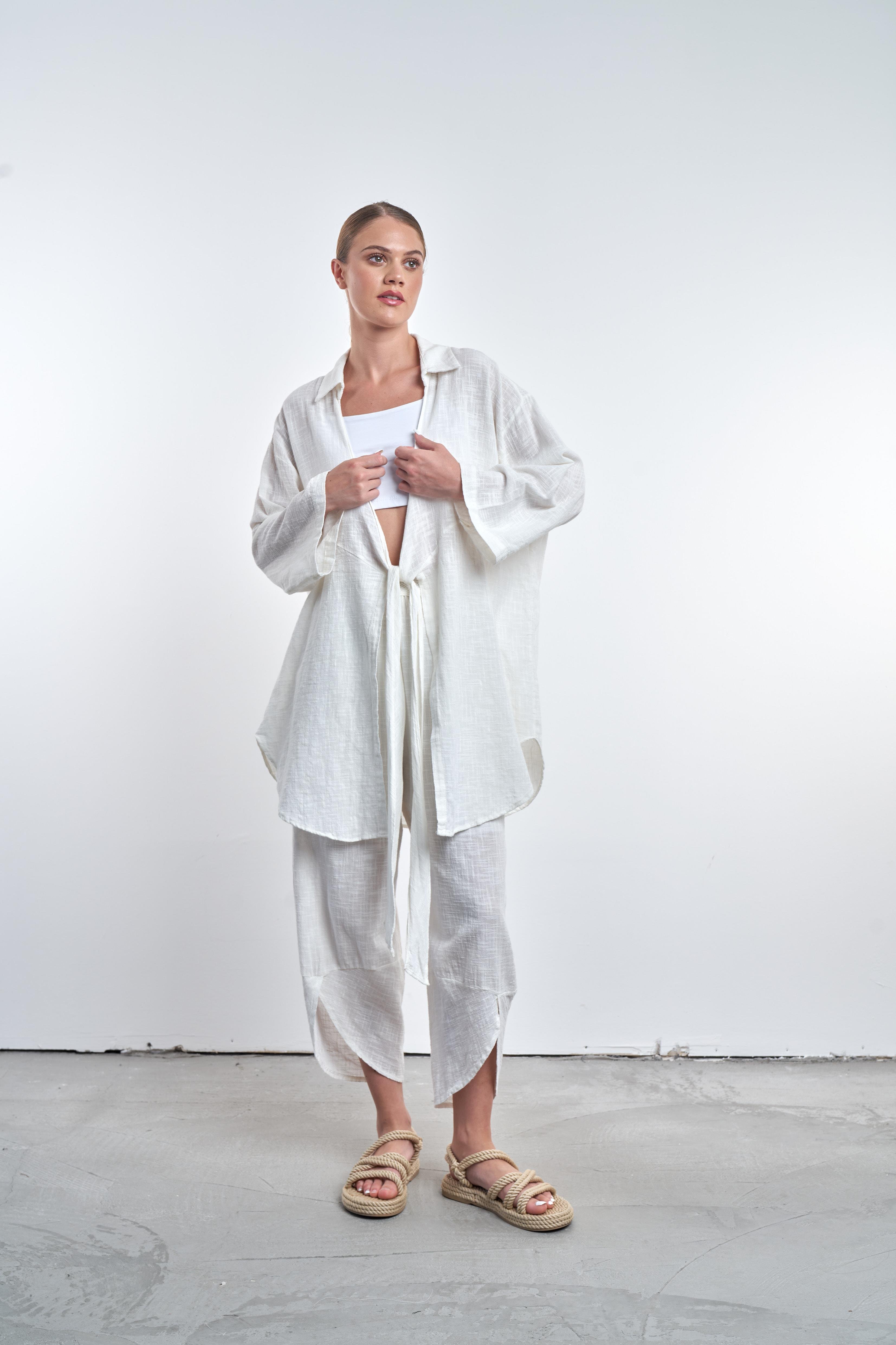 Ön Bağlama Detaylı Kimono Ekru