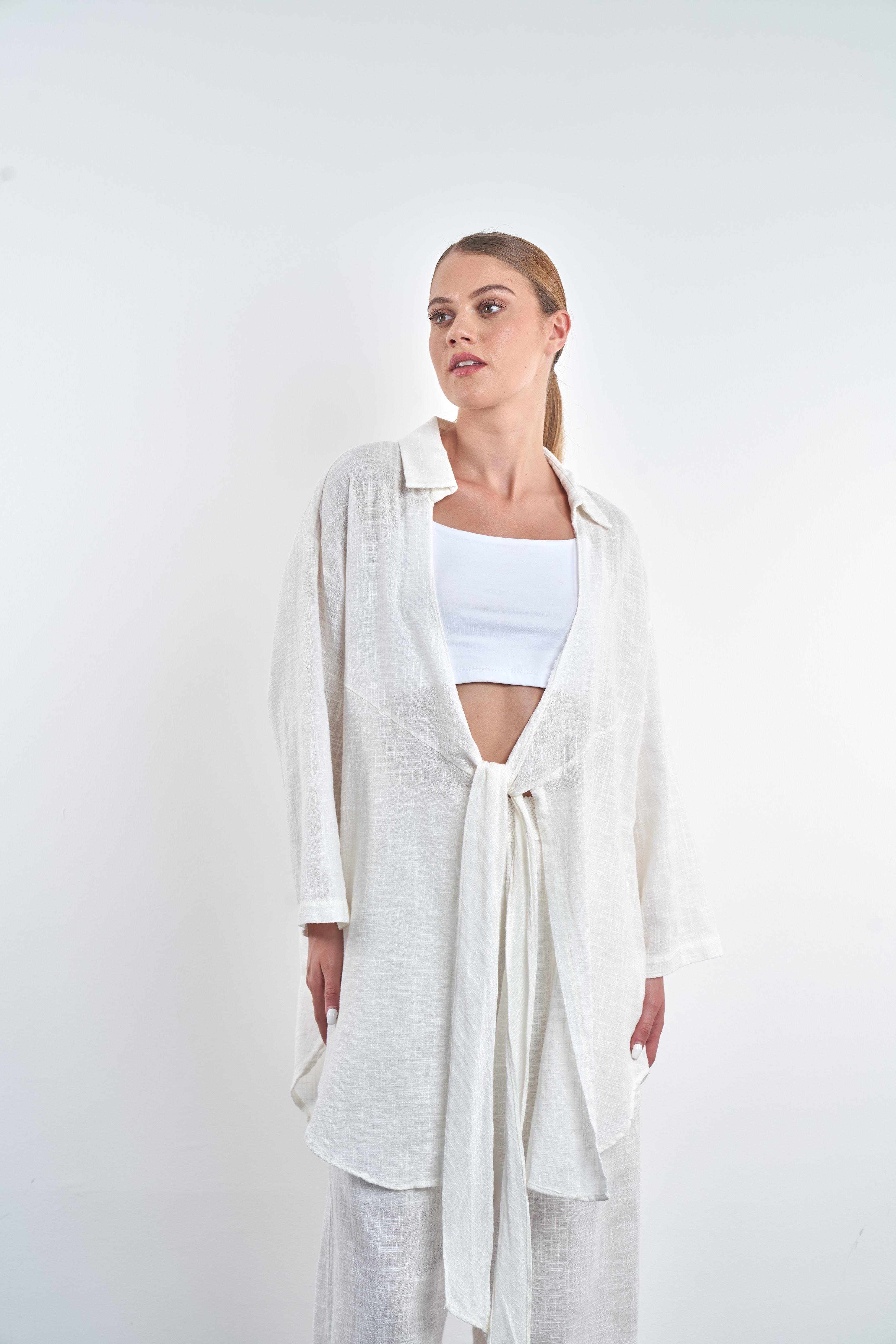 Ön Bağlama Detaylı Kimono Ekru