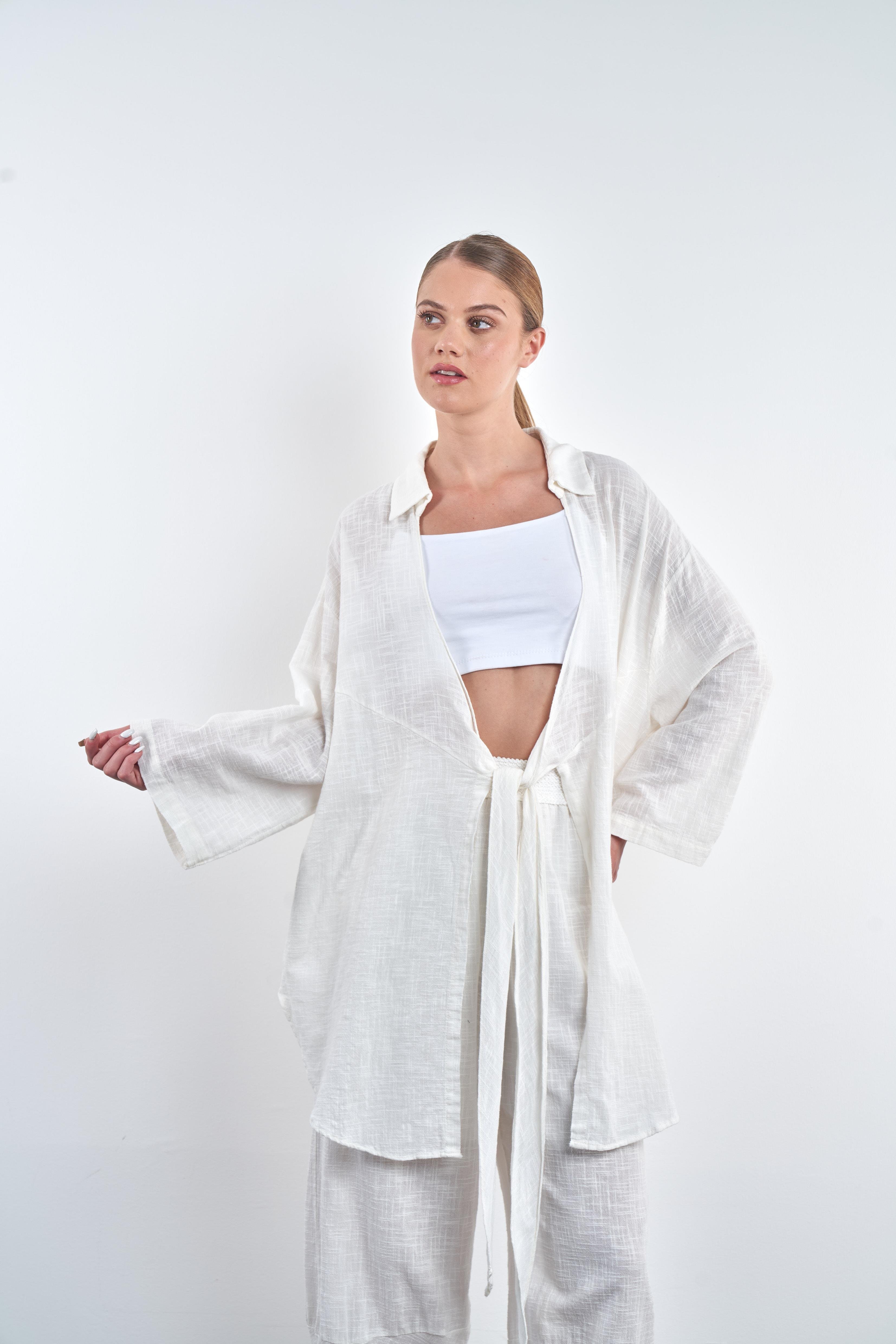 Ön Bağlama Detaylı Kimono Ekru