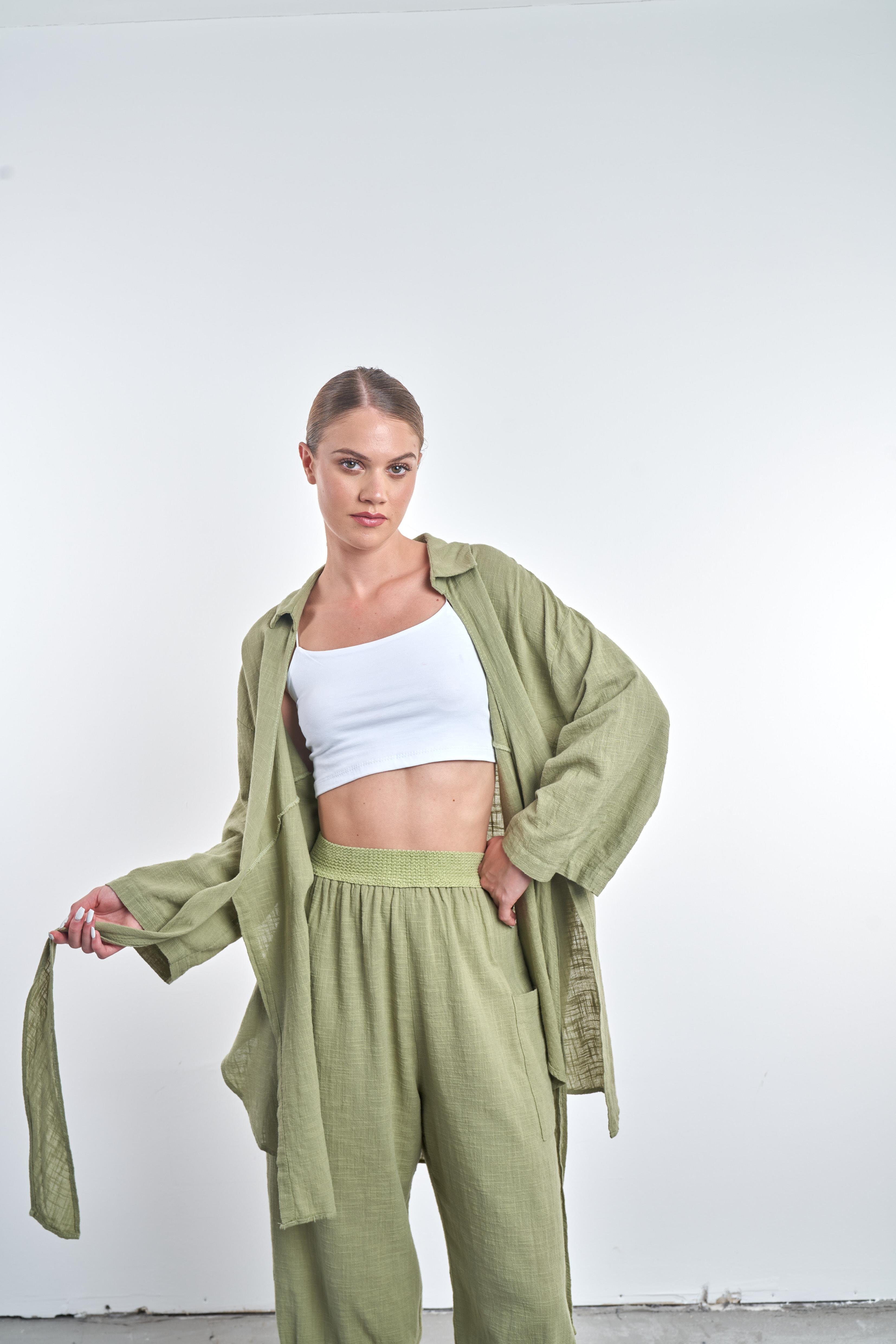 Ön Bağlama Detaylı Kimono Haki