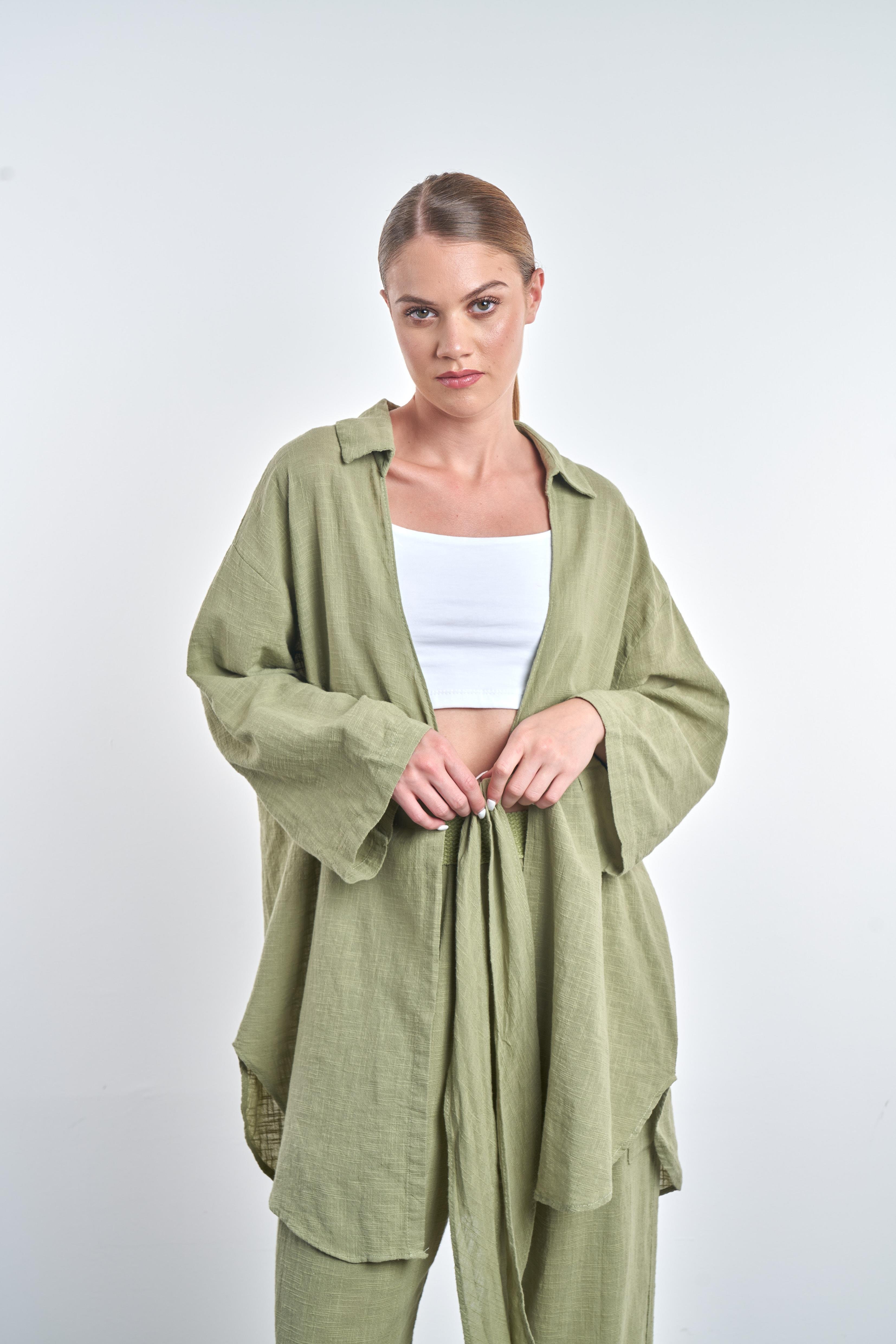 Ön Bağlama Detaylı Kimono Haki